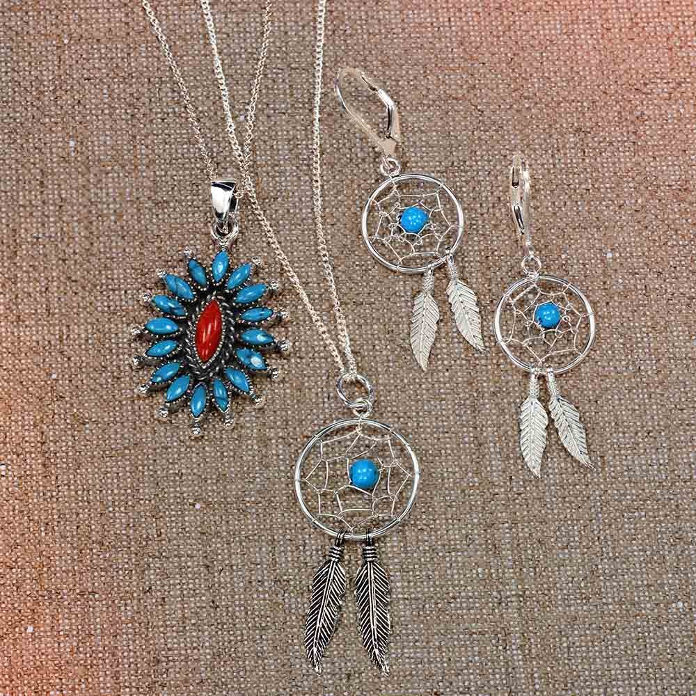 Blu Turchese Occidentale Gioielli Nativi Americani Indiani Dream Catcher Piuma Pendenti Goccia Orecchini Per Adolescente Donna .925 Argento