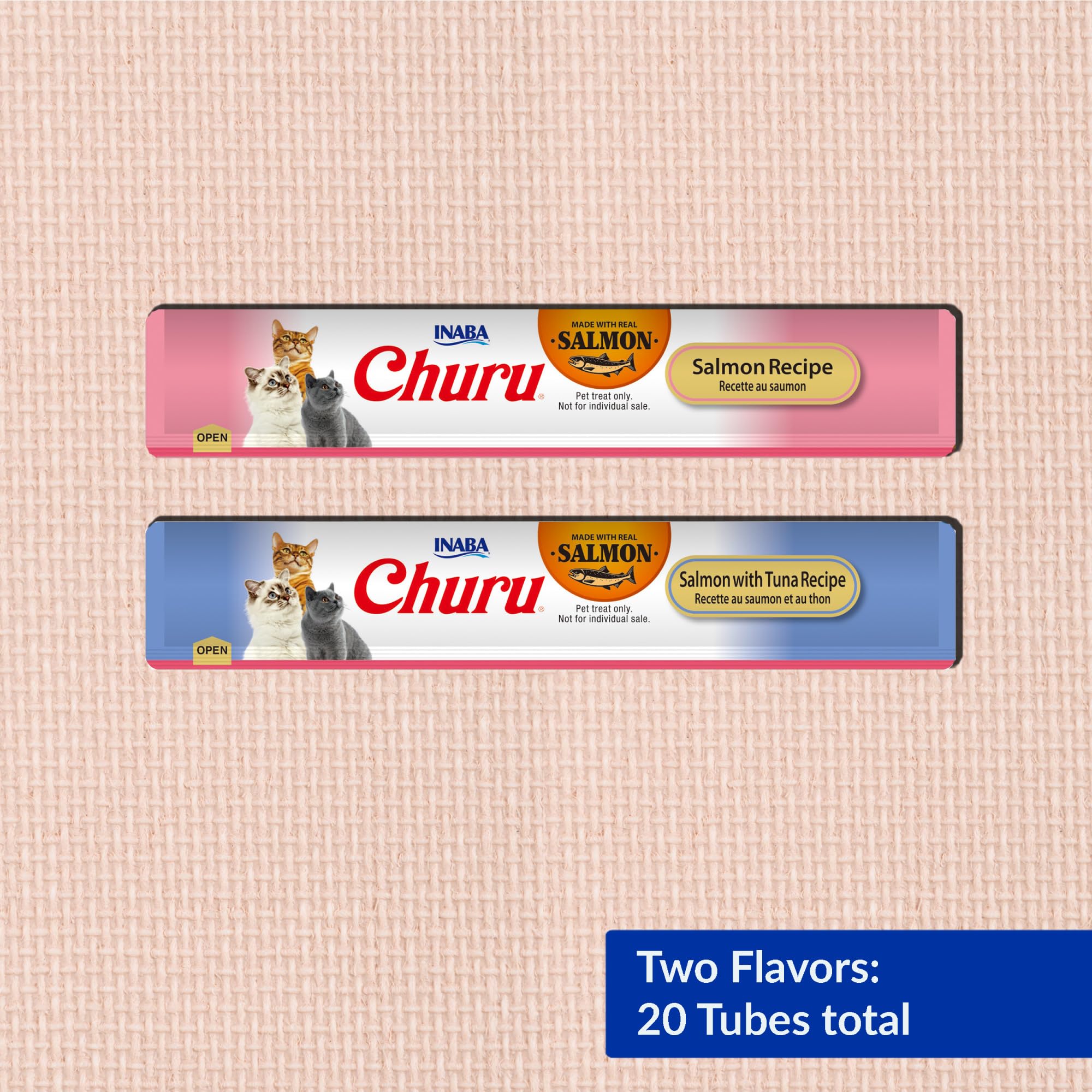 INABA Churu Cat Treats, Grain-Free, Lickable, Squeezable Creamy Purée Cat Treat/Topper with Vitamin E & Taurine, 0.5 Ounces Each Tube, 50 Tubes, Tuna & Chicken Variety: Salmon Variety 1 Count (Pack of 20)