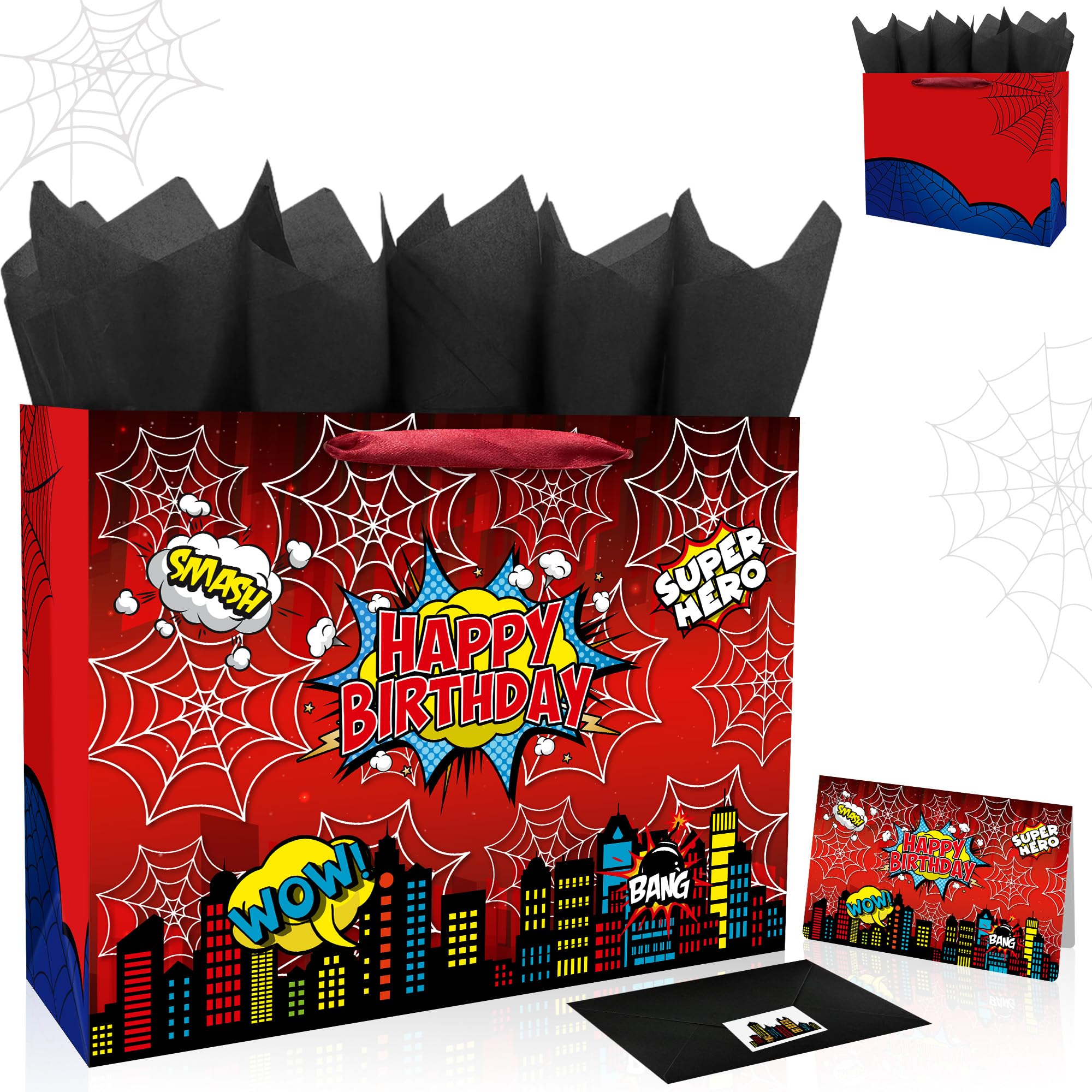 Caoekego 13" Large Spider Gift Bag (includes cards, colored paper, and stickers), Superhero Tote Gift Bag, Cartoon Spider Birthday Party Supplies