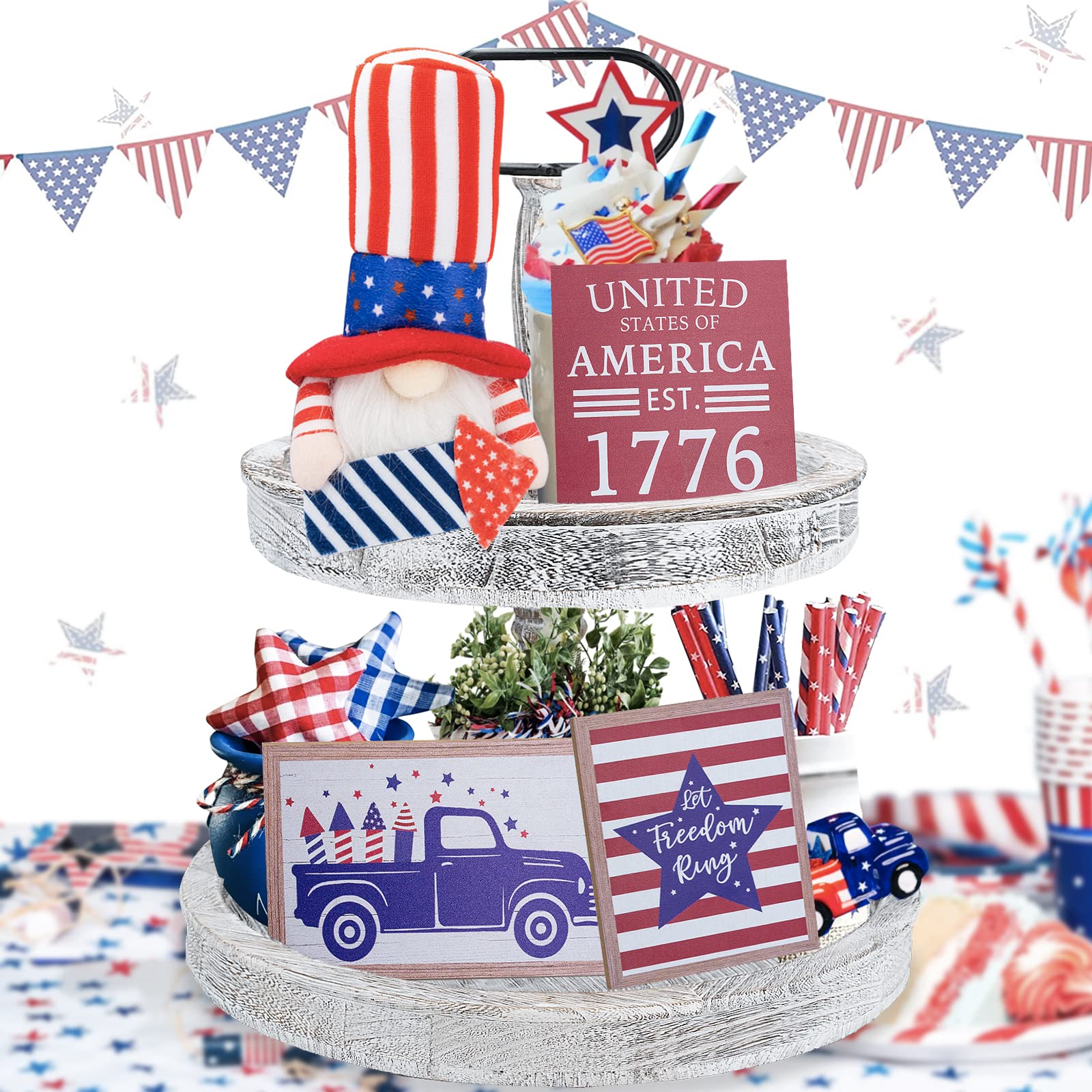 Photo 1 of 4th of July Decorations - Patriotic Decor Party Supplies for July Fourth Memorial Day, 3 Patriotic Wooden Signs & Gnomes Plush, Farmhouse Tiered Tray Decor Items for Home Table Independence Labor