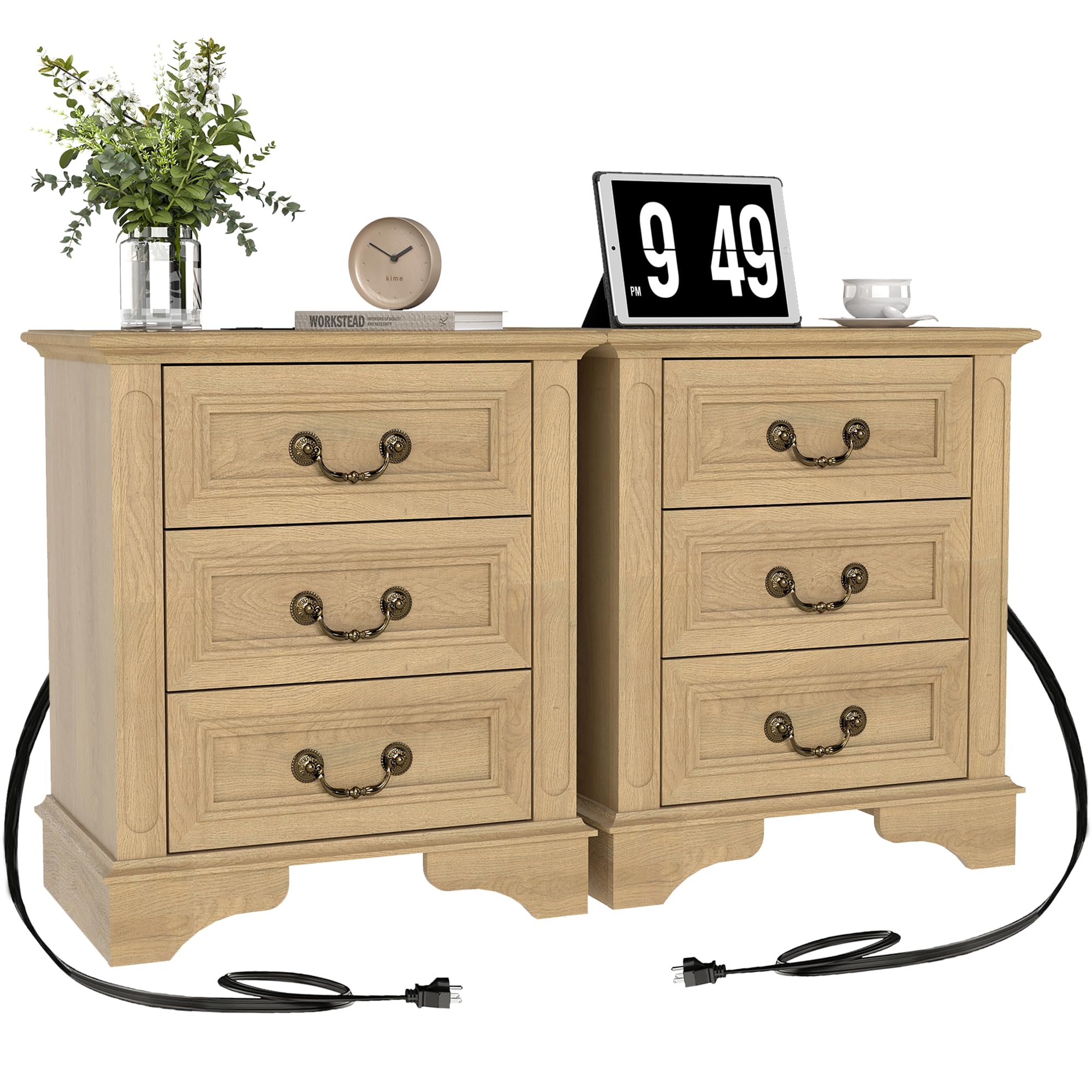 ENOUSHU Rustic Night Stands for Bedrooms Set of 2, 22" Wide Nightstand with 3 Drawers and Charging Station, Farmhouse Bedside Table with Storage Organizer for Closet (Natural)
