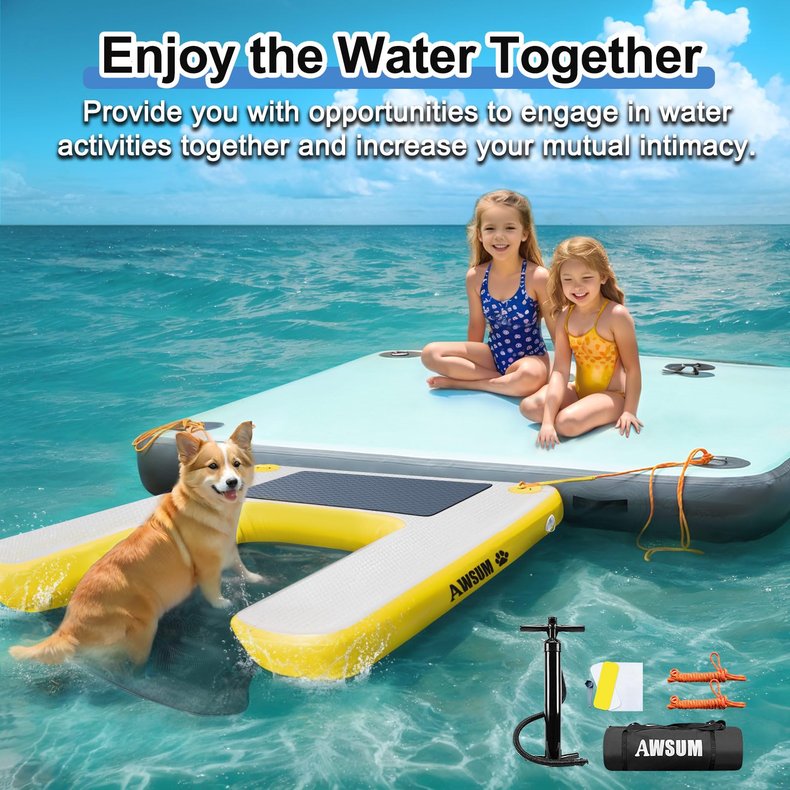 AWSUM 150x100x15cm Rampe d'eau Gonflable pour Chien Watersports Planche pour Chiot Planche Gonflable avec Tapis antidérapant pour Piscine et Lacs