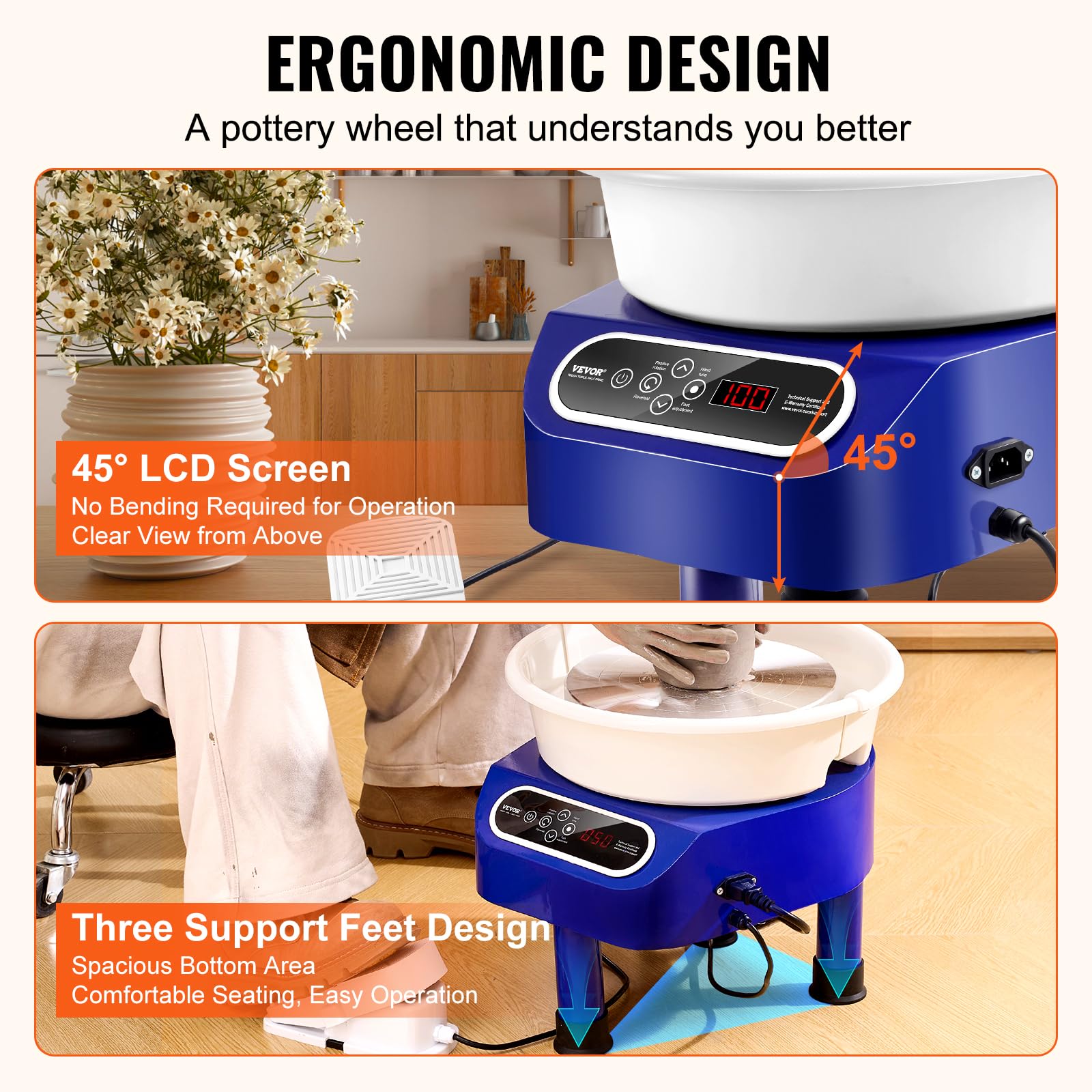 VEVOR Elektrische Pottenbakkersmachine, 280 Mm, 450 W, Met Pedaal Touchscreen Lcd Mini Draaibank 3 Steunpoten Snelheidsbereik Van 50 300 Omw Min Voor Keramische Handwerk Wit 751142380