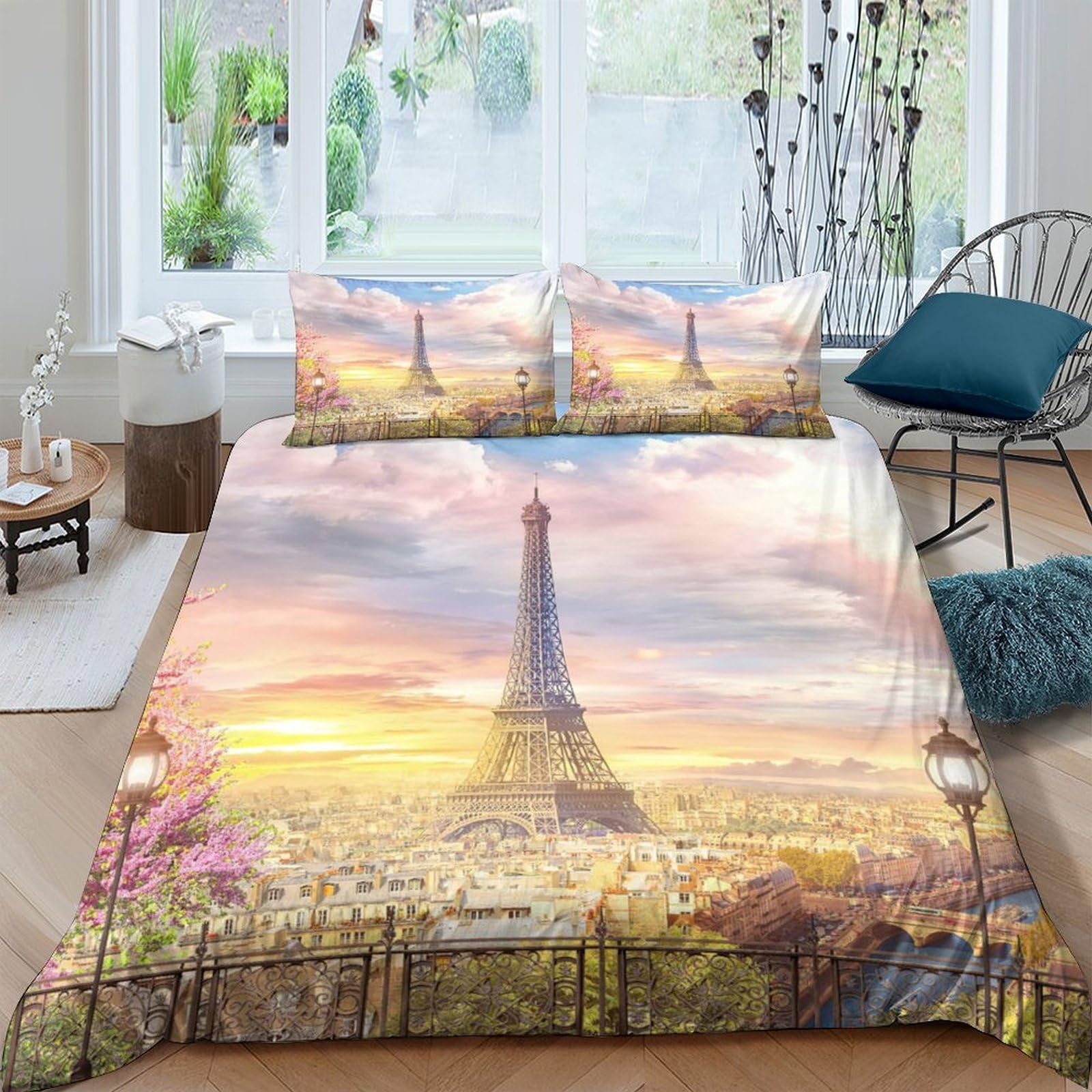 Ctjqhvkz Style-8 3D Printed Eiffel Tower Sunset Fitted Sheet Microfiber Soft Paris Landscape Bed Sheet For Bedroom Decor Mattress Protection Single（135X200cm）