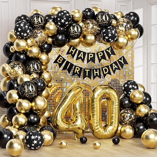 FOTIOMRG Arco de globos de 40 cumpleaños con guirnalda de globos negros y dorados, pancarta de feliz cumpleaños, globo de aluminio para decoraciones