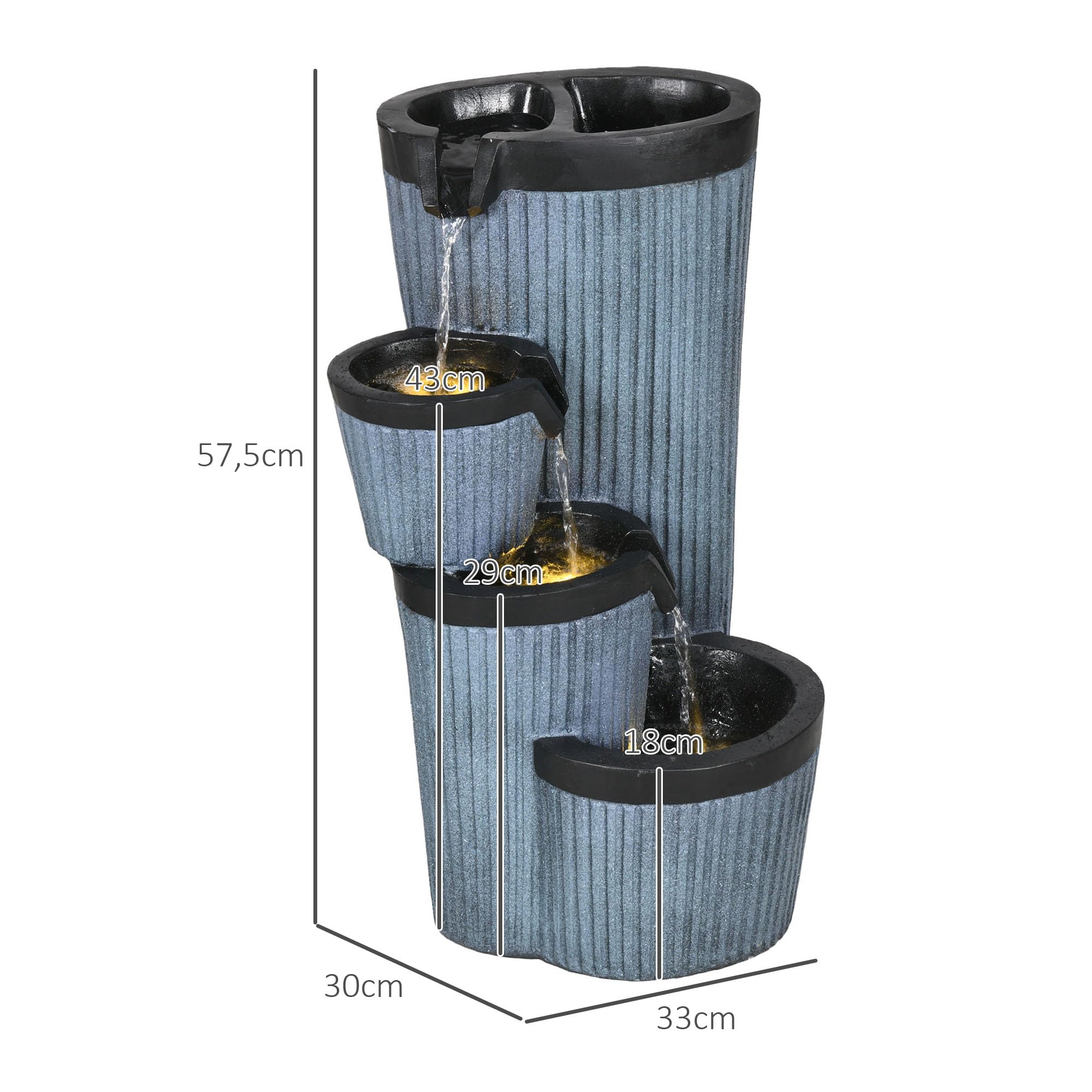 Outsunny Gartenbrunnen, Solar Springbrunnen, Wasserbrunnen mit LED-Beleuchtung, 4 stufiger Zierbrunnen mit Blumenkasten für Garten, Balkon, Kunstharz, 33 x 30 x 57,5 cm