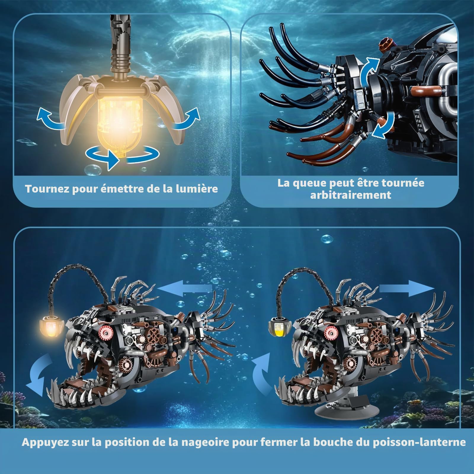 Lanterne mécanique Poisson Briques de construction compatibles avec les marques célèbres - 1038 pièces - Animaux créatifs - Technique Steampunk Rétro Océan Moc - Kit de modélisme avec lumière - Cadeau