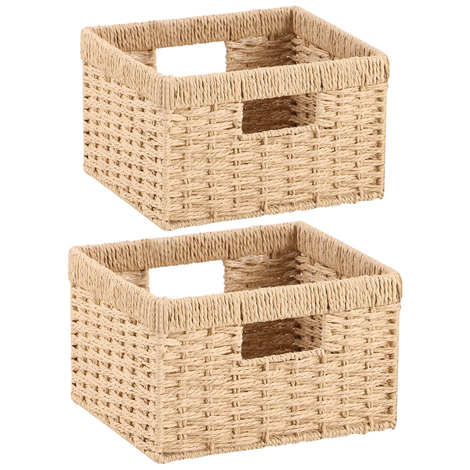 Set da 2 Cesto Portaoggetti, Cestino Intrecciato con Maniglia, Impilabile Organizer, Grande 30×30×17.5cm, Piccola 25.5×25.5×16cm, Cestini Decorativo, Naturale