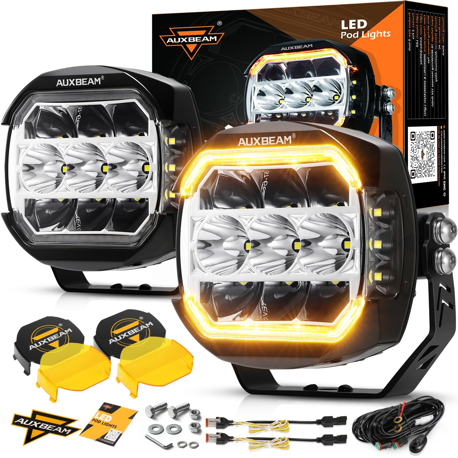 Auxbeam 5Inch LED Offroad Lights, 270° Ultra-Wide Ditch Lights Side Shooter Driving Pods with W/A DRL+Turn Signal Light, 174W XP-Ultra Series Spot Flood Combo Cube Fog Light with Yellow/Black Cover