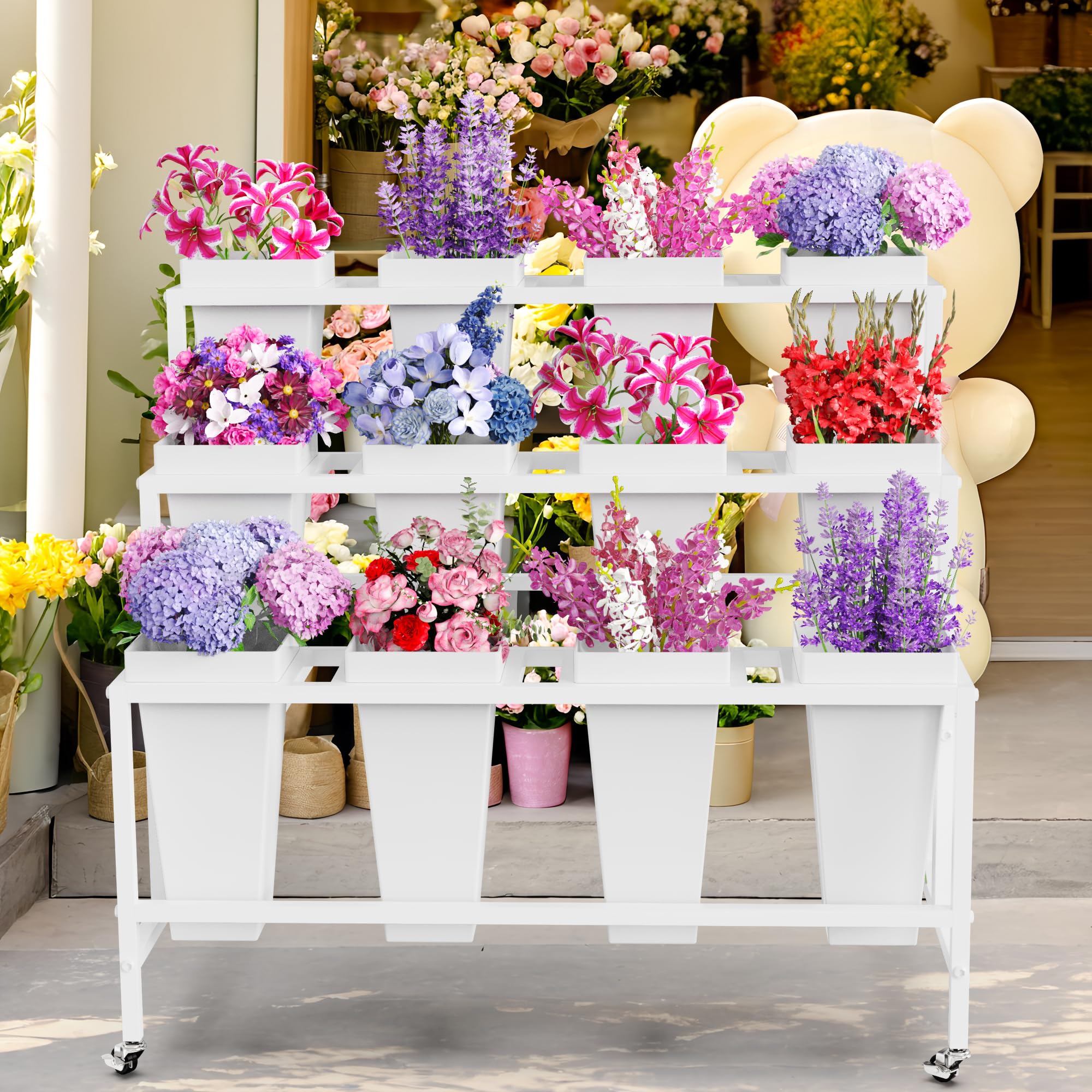Condition photo showing Good Condition for asee'm flower display stand with 12pcs buckets 3 tier flower cart display stand with wheels heavy duty moving metal plant stand flower bar flower rack for florist indoor outdoor patio garden white