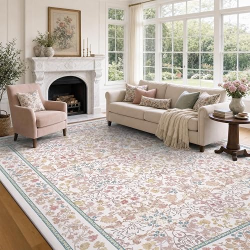 Amada Floral Washable Area Rug,8'x10',Light Pink