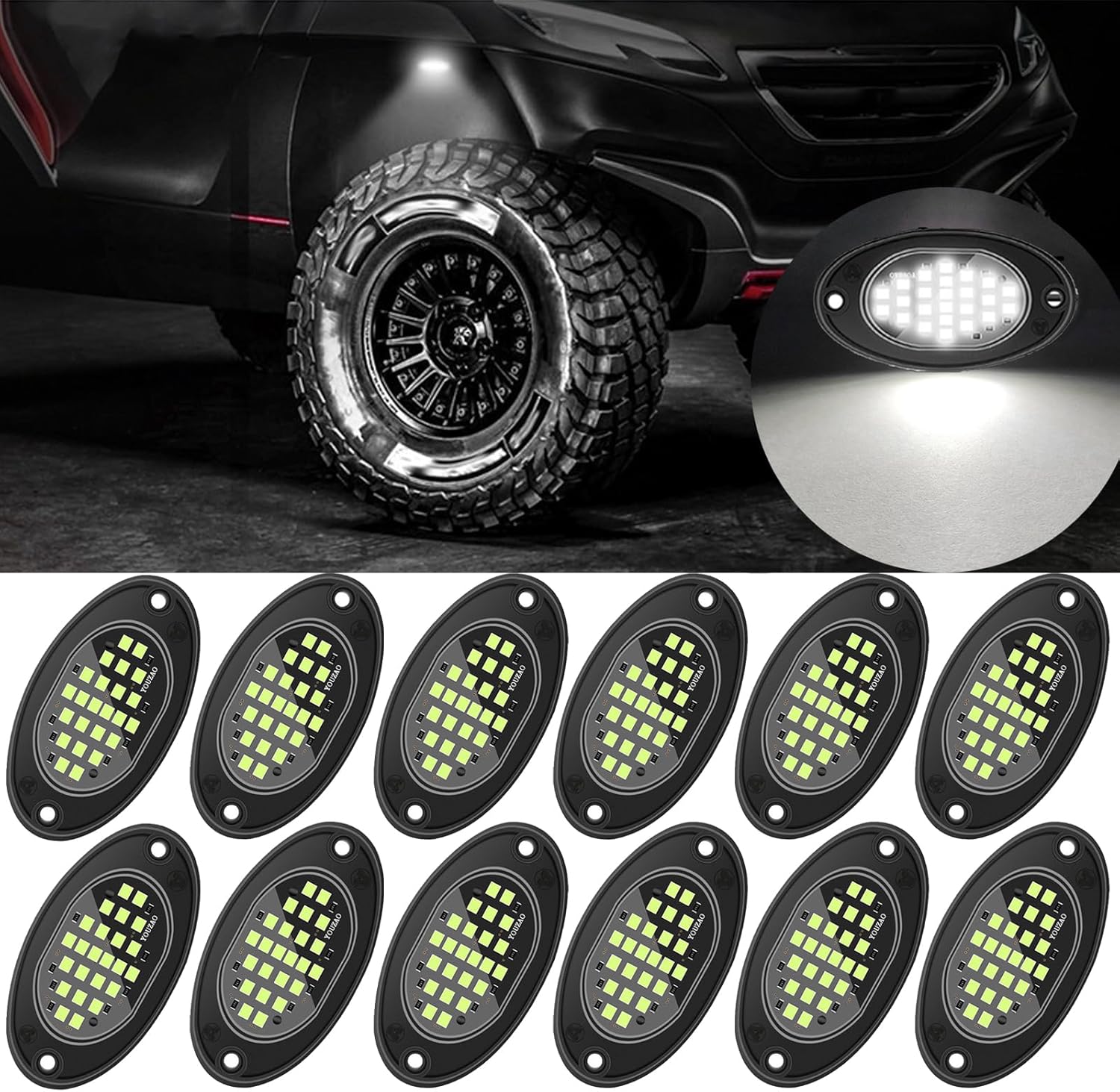 12 Pods Rock Lights Pure LED Lights for Car SUV Ambient Underglow Lights Waterproof Neon Trail Rig Lamp Lighting for Truck