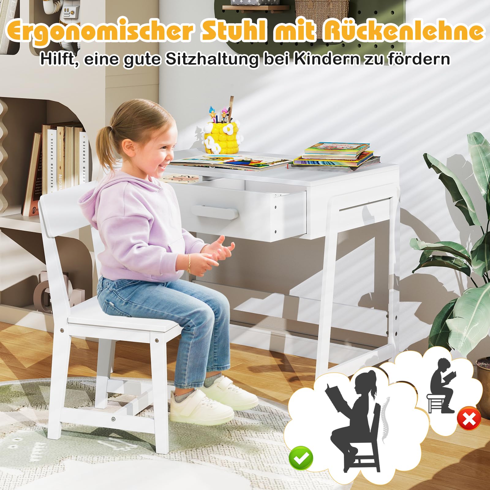 DREAMADE Kinderschreibtisch mit Stuhl, Schülerschreibtischset mit offenes Fach & Schublade, Schreibtisch-Set aus Holz zum Zeichnen, Lernen, Spielen, Studio, Kinderzimmer Kinder Tisch Stuhl Set (Weiß)