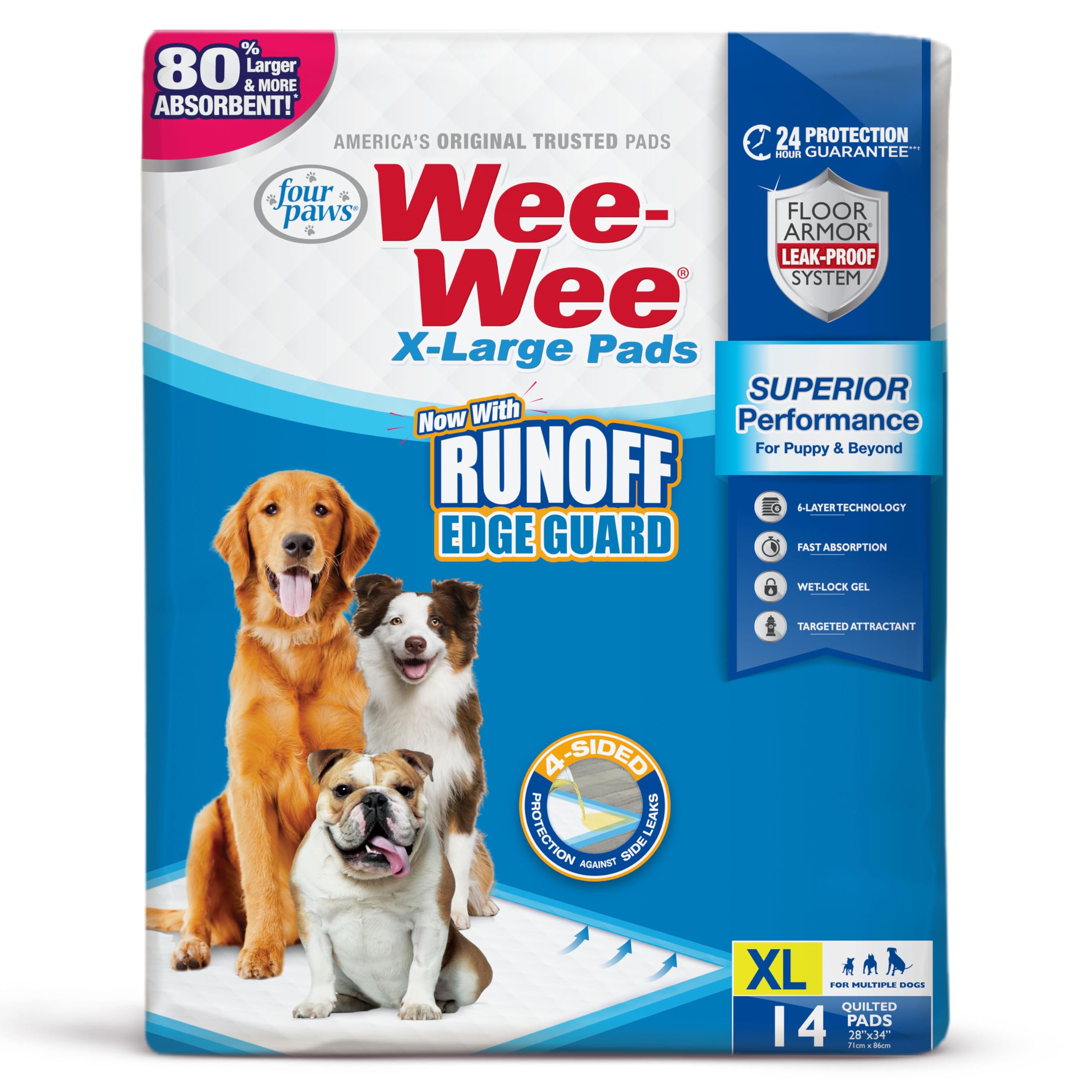 Four Paws Wee-Wee Superior Performance XL podkładki do siusiu dla psów i szczeniąt do nauki korzystania z nocnika, włamania do domu i artykuły dla szczeniaków, 71 x 86 cm, 14 szt