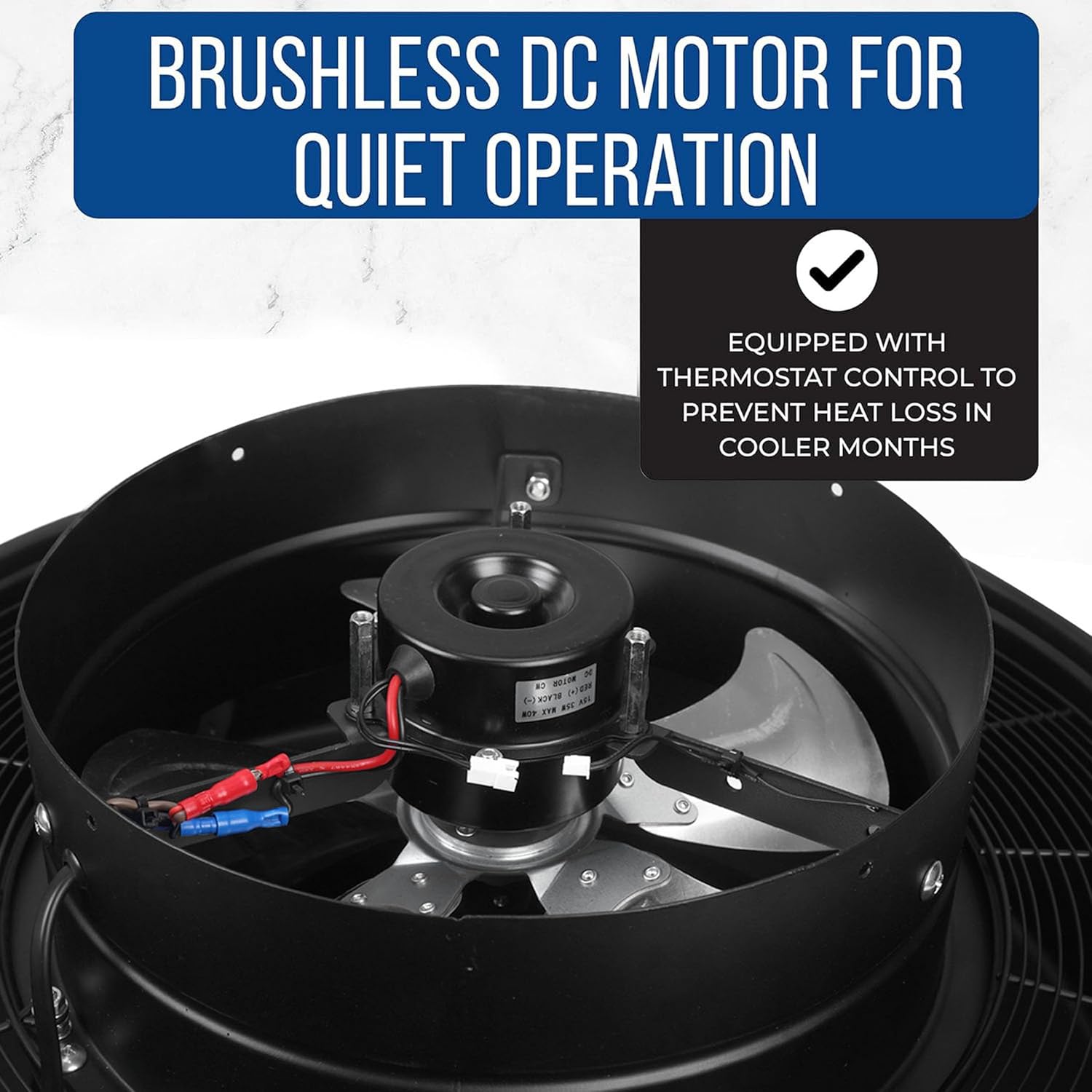 Close-up view of the brushless DC motor and fan blades