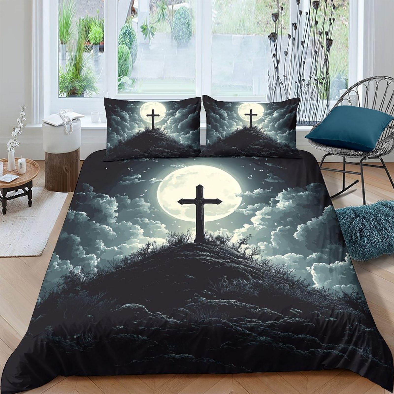 Ctjqhvkz Style-1 3D Printed Moonlit Cross Fitted Sheet Microfiber Soft Black Gothic Hill Mattress Cover Bedroom Decor Single（135X200cm）