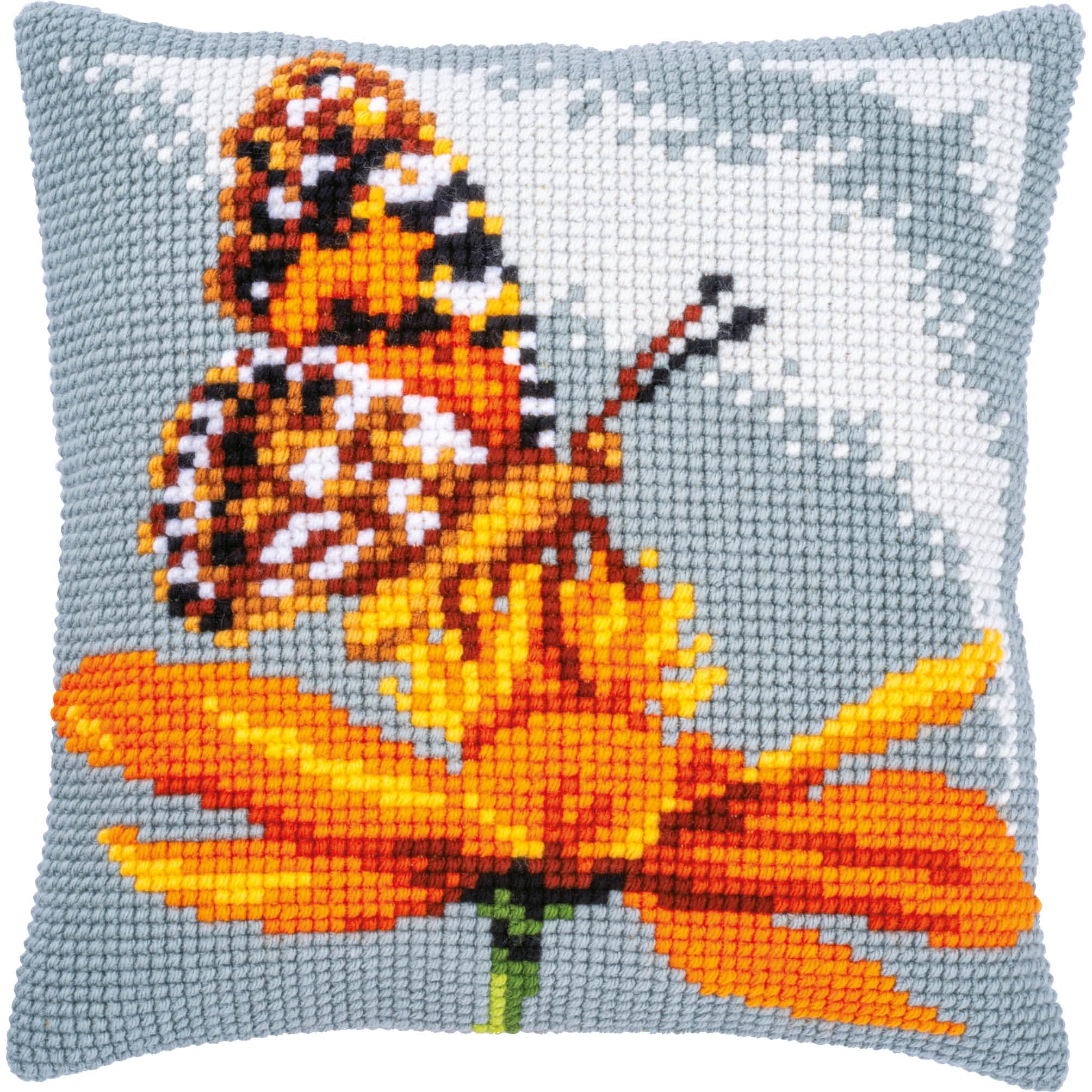 Vervaco Kissen Stickerei Set Kreuzstich Set – Vorgedrucktes Schmetterling Muster, ca. 40 x 40 cm