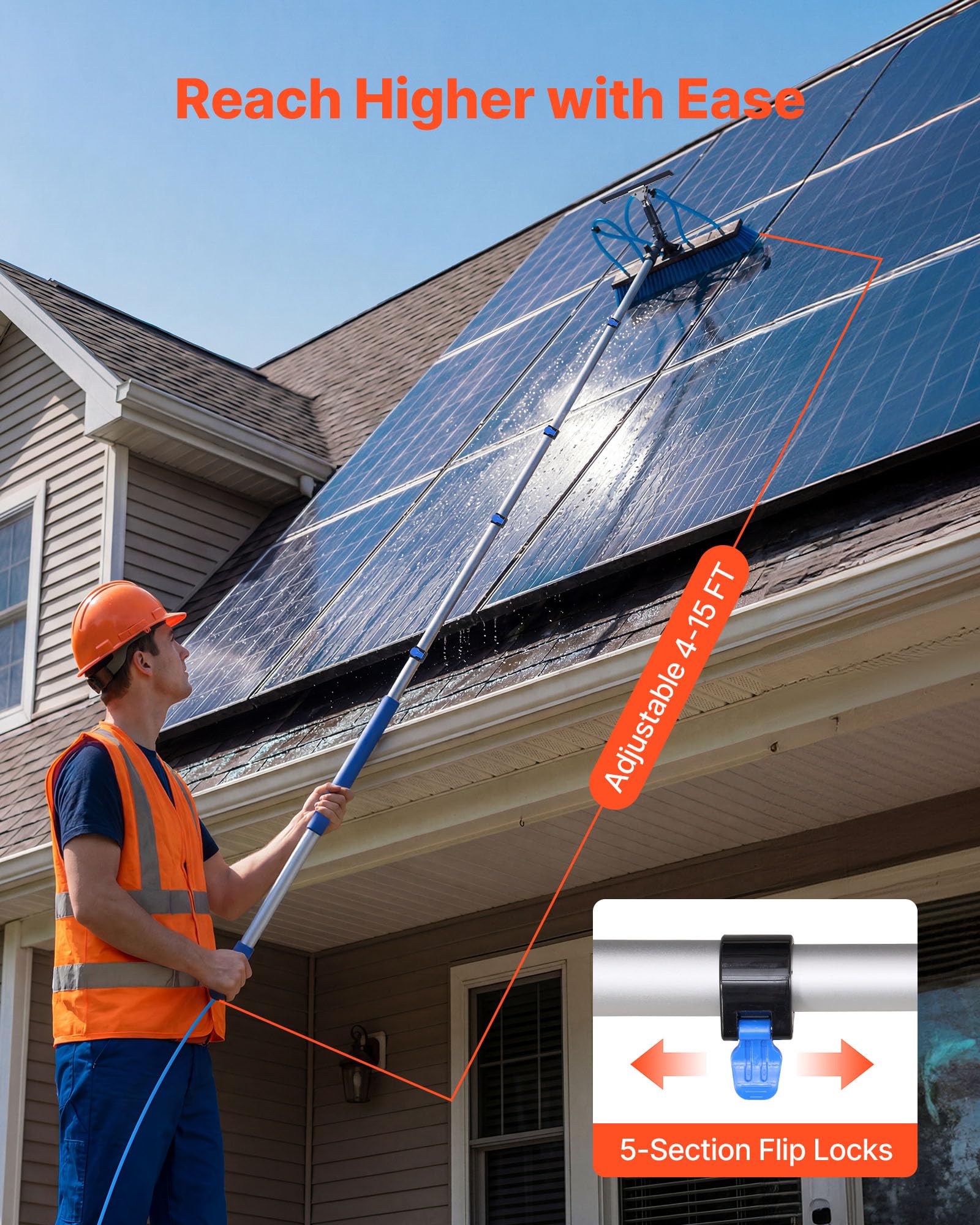 VEVOR Kit de Limpieza de Paneles Solares con Pértiga Telescópica 4,6 m, Suministro de Agua, Escobilla de Goma, Cabezal Giratorio 180°, Kit de Cepillo de Limpieza para Paneles Solares con Manguera 20 m