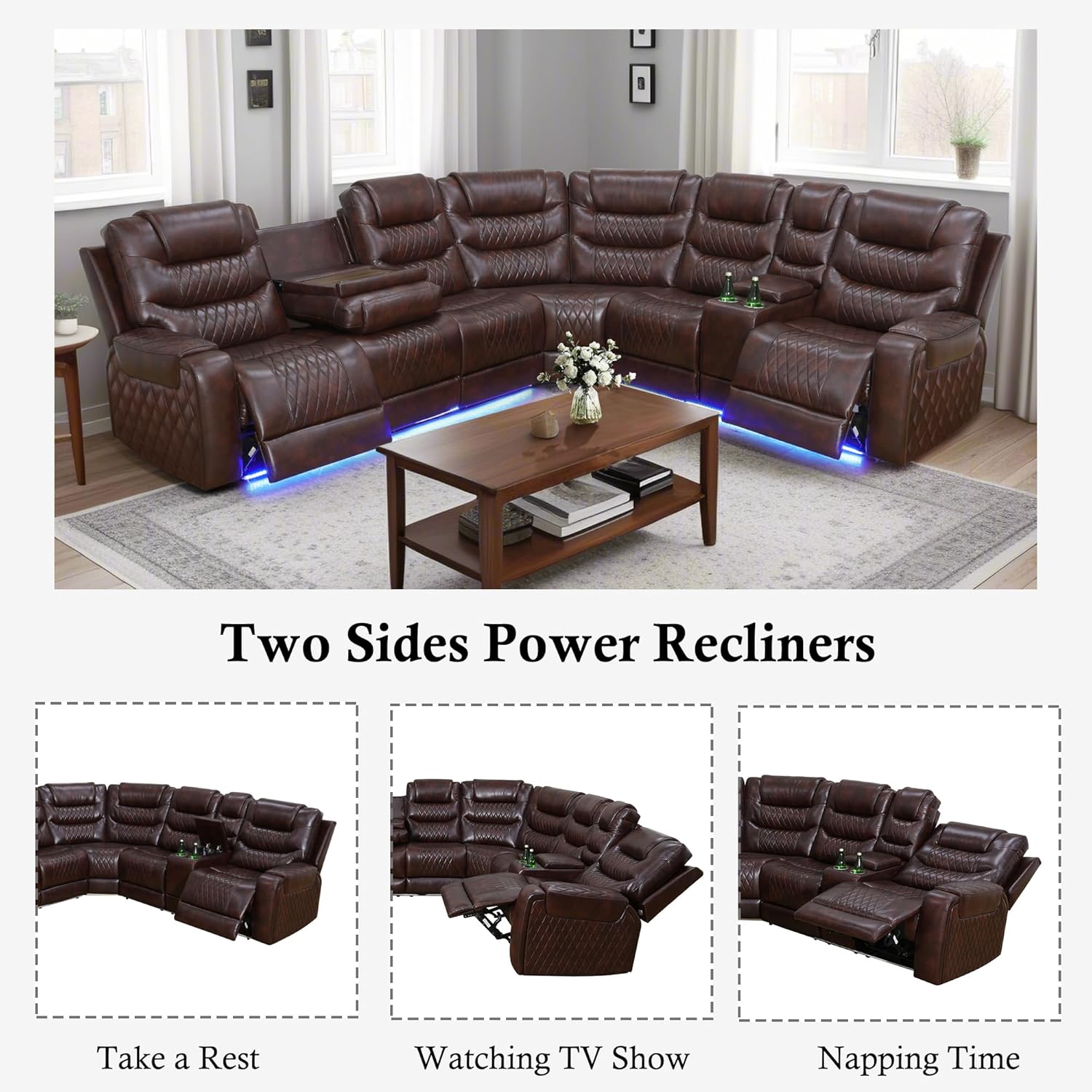 Power Recliner Sectional Sofa with LED, Breathing Leather Reclining Sectional Couch, L Shaped Couch with Dual Recliners, USB Port, Cup Holder&Storage for Living Room (Dark Red)