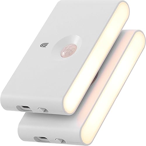 UNIDISCIPLE Paquete de 2 luces nocturnas recargables con sensor de movimiento y sensor de atardecer a amanecer, luz LED blanca cálida, diseño
