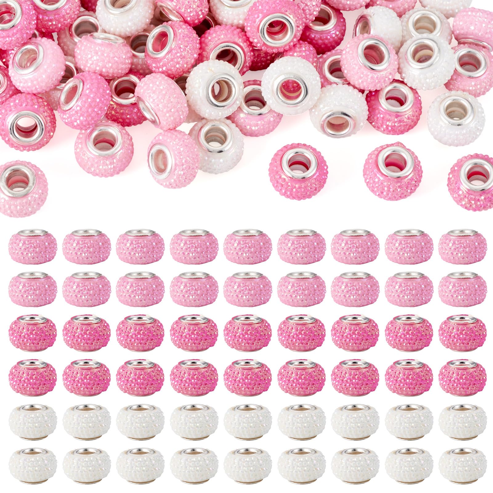 100Pcs Pink Resin European Beads European Large Hole Beads Large Hole Bracelet Bead Big Hole Rhinestone Bead for Women Bracelet Earring Jewelry Making