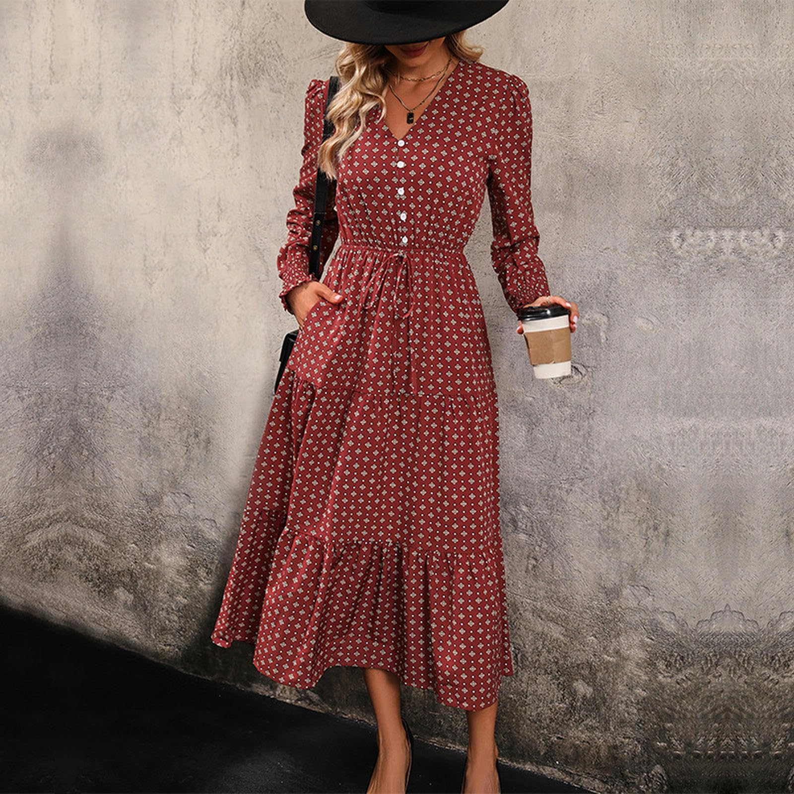 Vestidos de manga larga para mujer, con cuello en V, casual, vestido midi para invitada de boda, fiesta, compromiso, vestido ajustado YYEFNMAZ