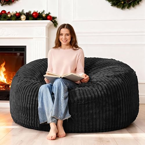 HABUTWAY 5FT Bean Bag Chair, 5' Large Bean Bag Chairs for Adults with Removable Stripe Plush Cover, Memory Foam Beanbag Chair for Living Room Bedroom Dorm (Black)