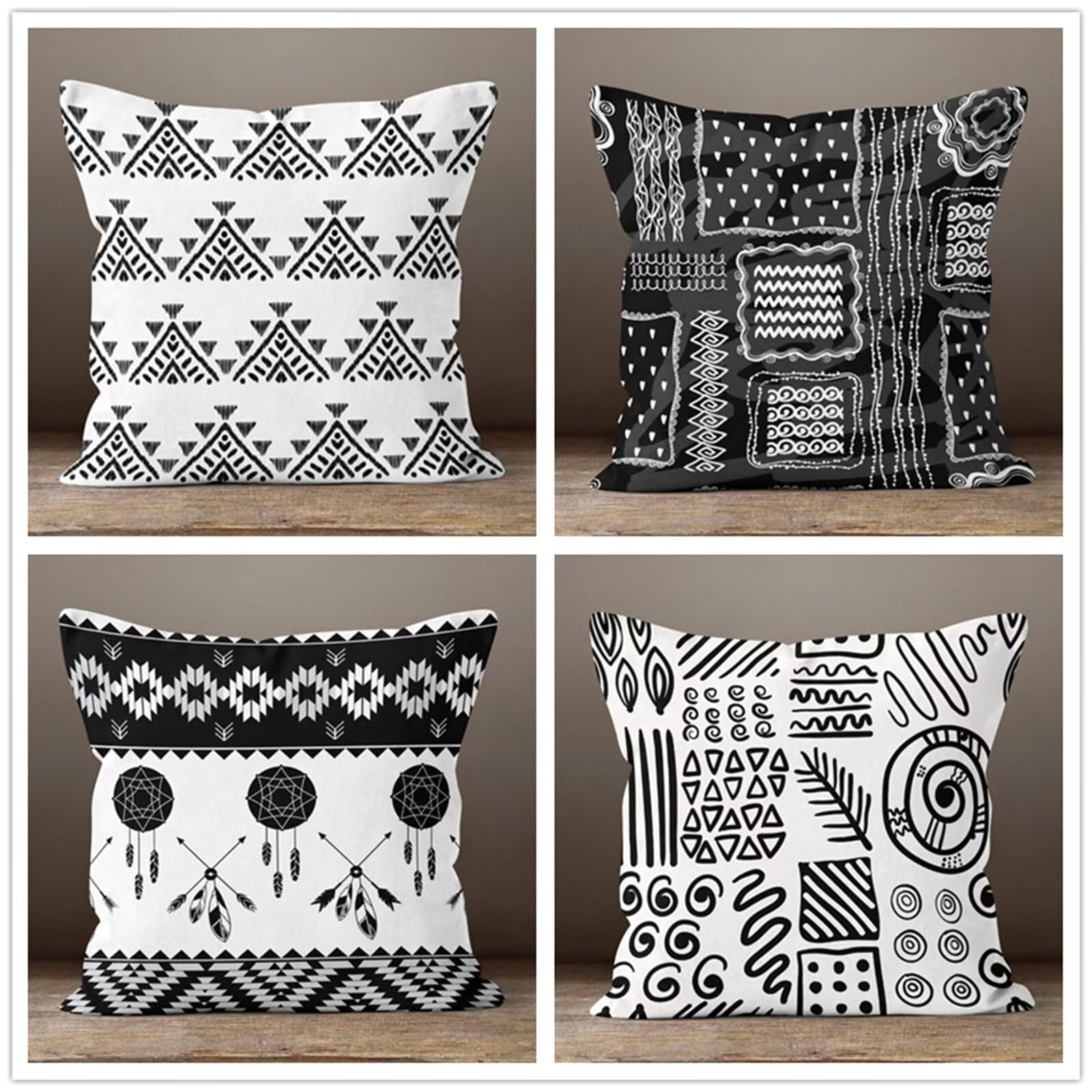 Taie d'oreiller en lin décoratif 35x35 cm au design géométrique noir