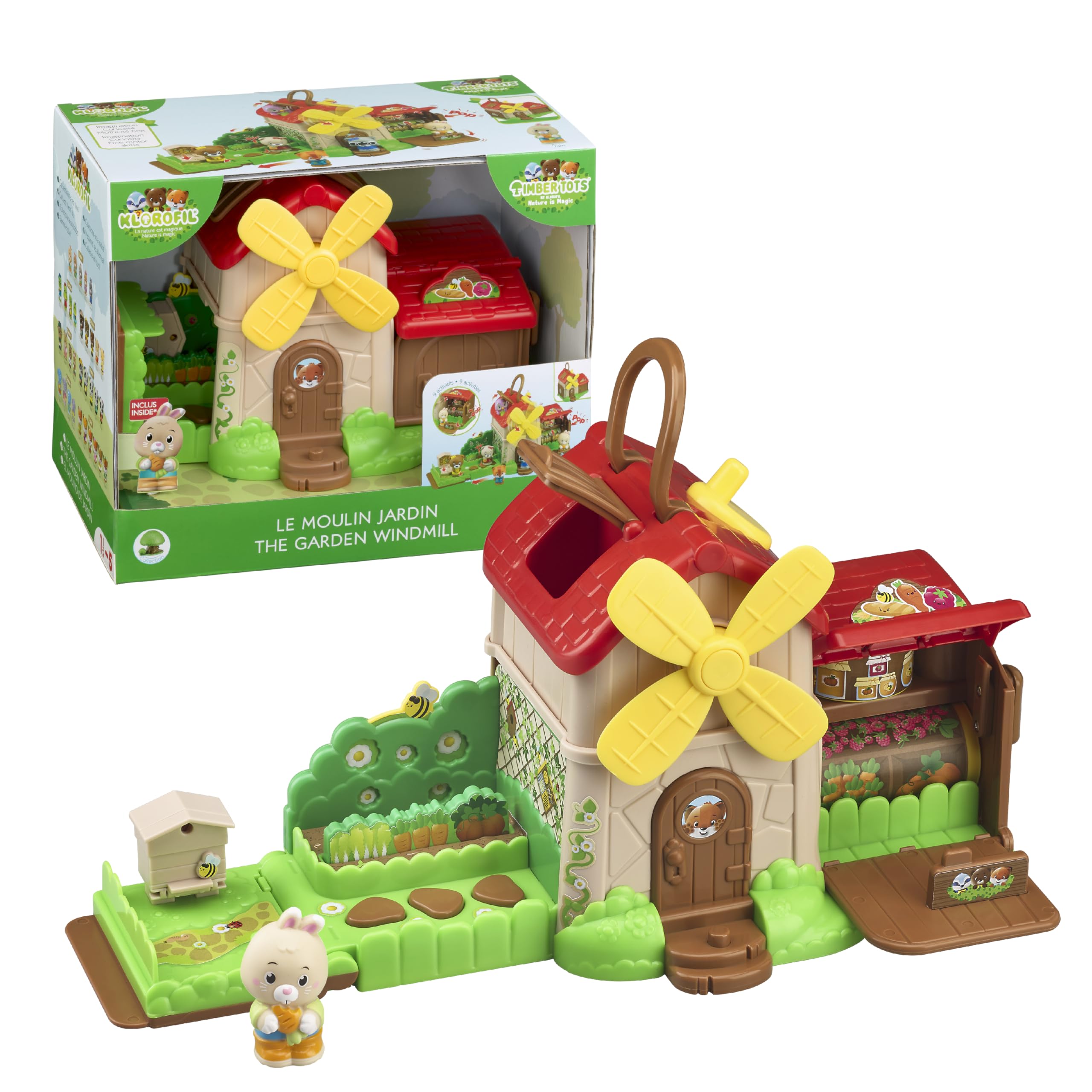 Les Klorofil - Le Moulin Jardin - Fantasy Toy for Children from 18 Months - Pop-Up Timber Tots House with Crank Activities and Rabbit Figure - Compatible Klorofil Universe - Educational