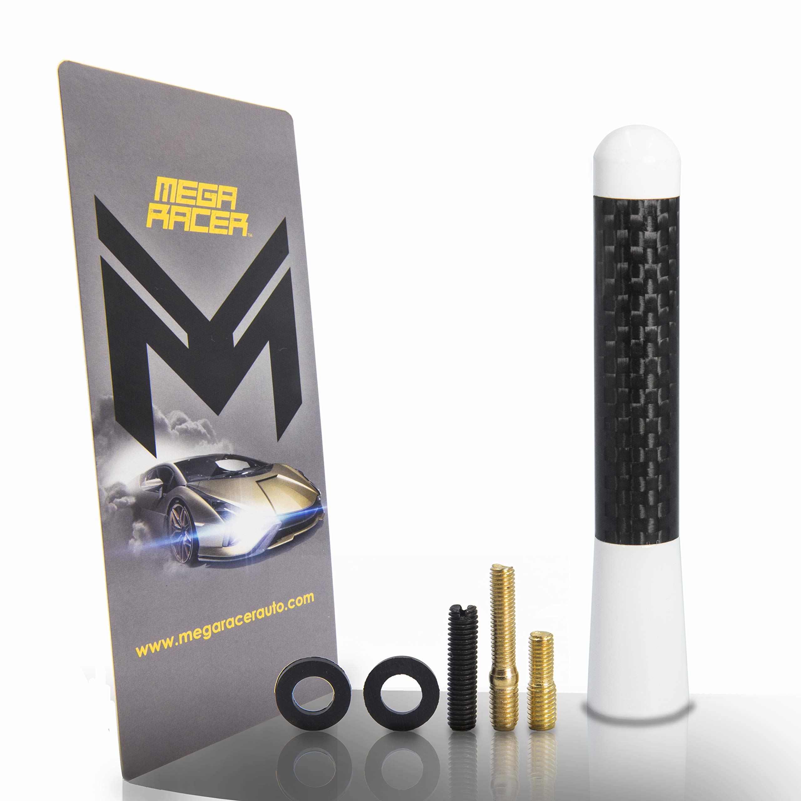 Mega Racer 1 Pc JDM Style White 3 in / 76 mm with Real Black Carbon Fiber Screw Type Short Antenna Car SUV AM/FM