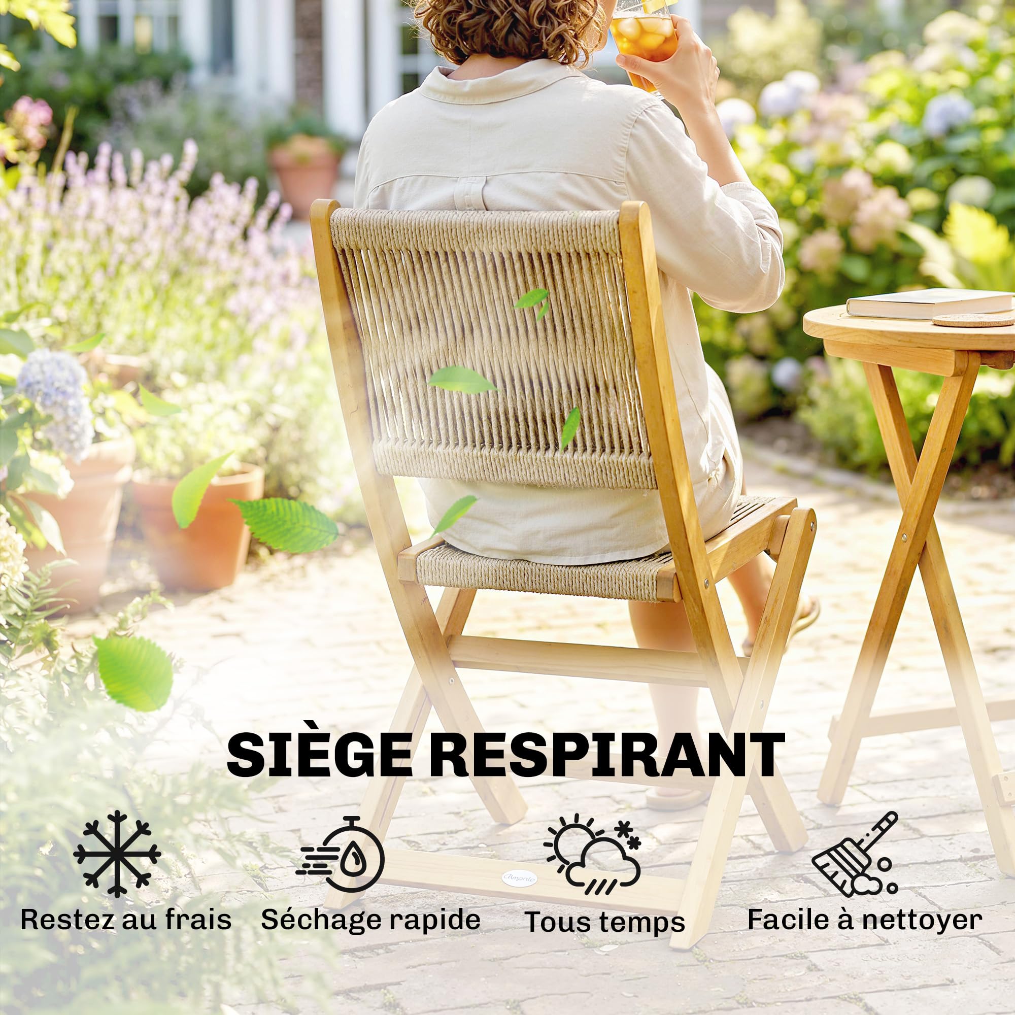 Outsunny Salon de Jardin 3 Pièces en Bois d'Acacia et Cordage PP - Table Ronde et 2 Chaises Pliables - Mobilier Extérieur Design Boho Naturel