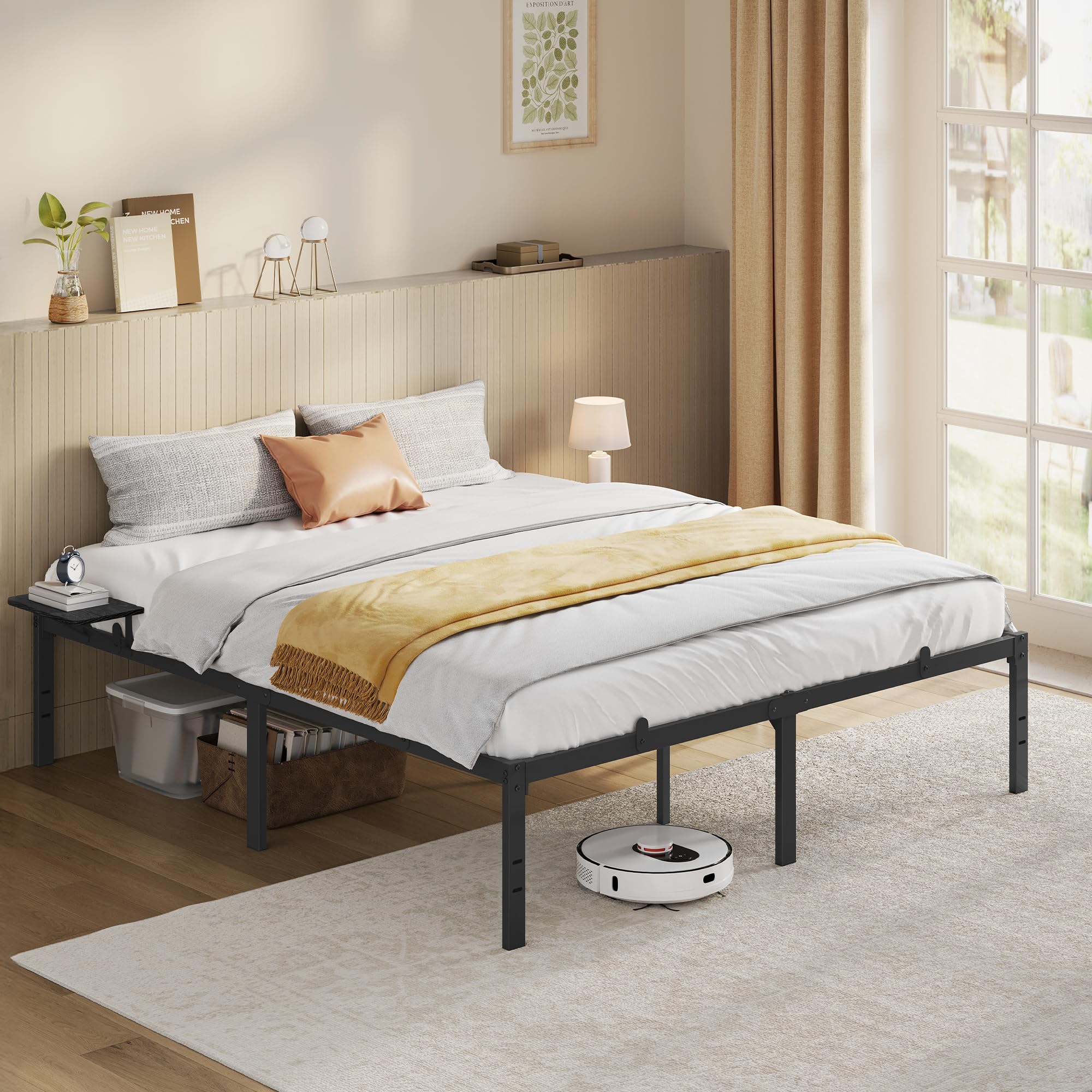 VASAGLE Bett 160 x 200 cm, Gästebett mit Aufbewahrungsregalen, Doppelbett, Bettgestell aus Metall, Bettrahmen, Metallbett, einfache Montage, klassikschwarz RMB095B01