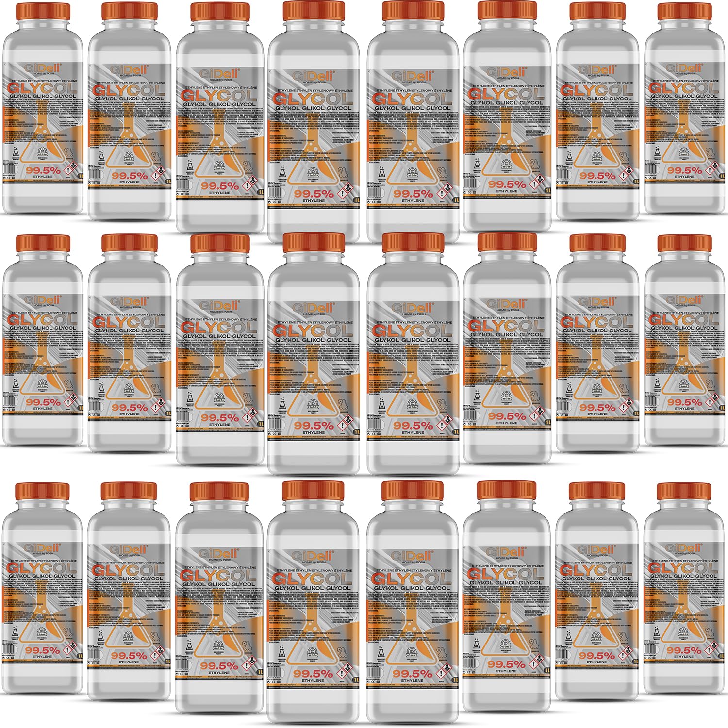 GiDeli Ethylenglykol 99,5% Hochrein 24x1L - Monoethylenglykol Konzentrat für Kühlerfrostschutz, Wärmeträger & Solarflüssigkeit - Industrie, Labor & Werkstatt - Hergestellt in der EU