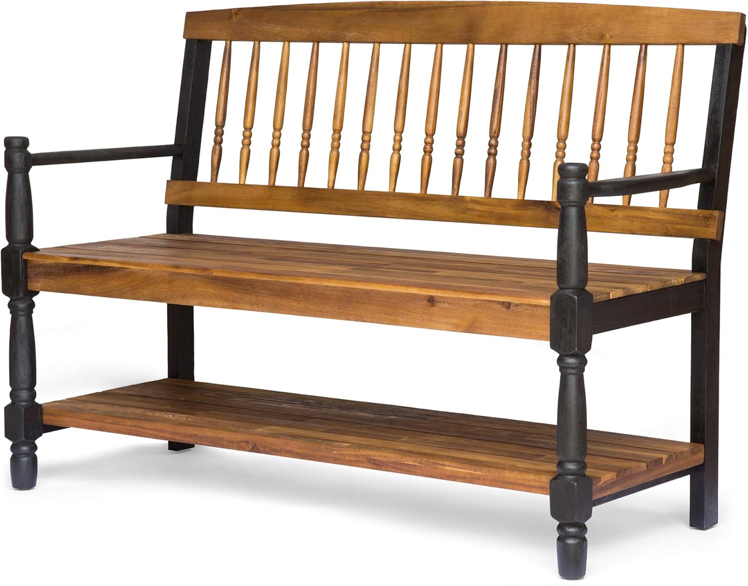 Great Deal Furniture Christopher Knight Home Daphne Outdoor Acacia Wood Bench with Shelf, Teak and Black Finish