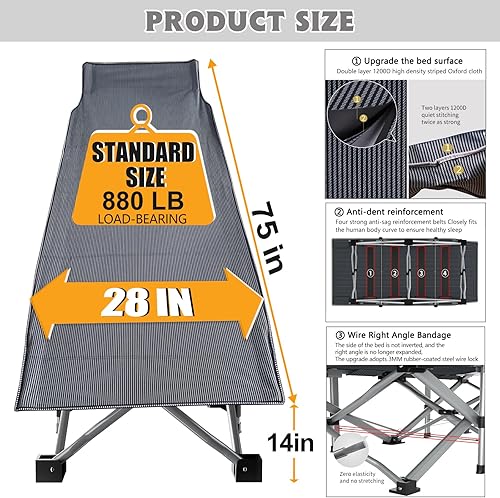Miniatura 13 de ABORON Cuna de campamento para adultos de 28 pulgadas extra ancha, 2 unidades, catre Oxford 1200D resistente para dormir, cama de campamento