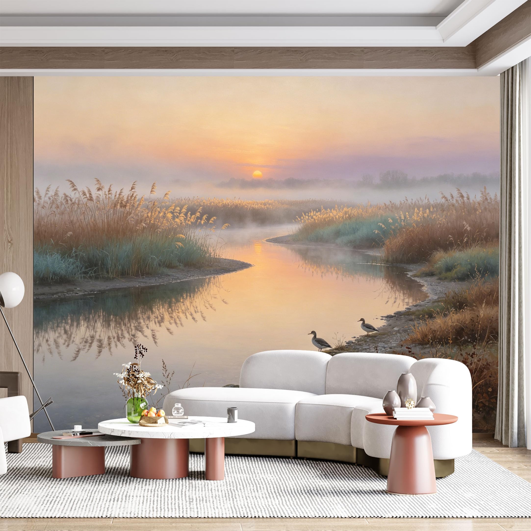 Custom Size Wall Mural Misty Dawn River Waterfowl Landscape Realistic Painting SelfAdhesive Wall Fabric Removable for Home Office Decor