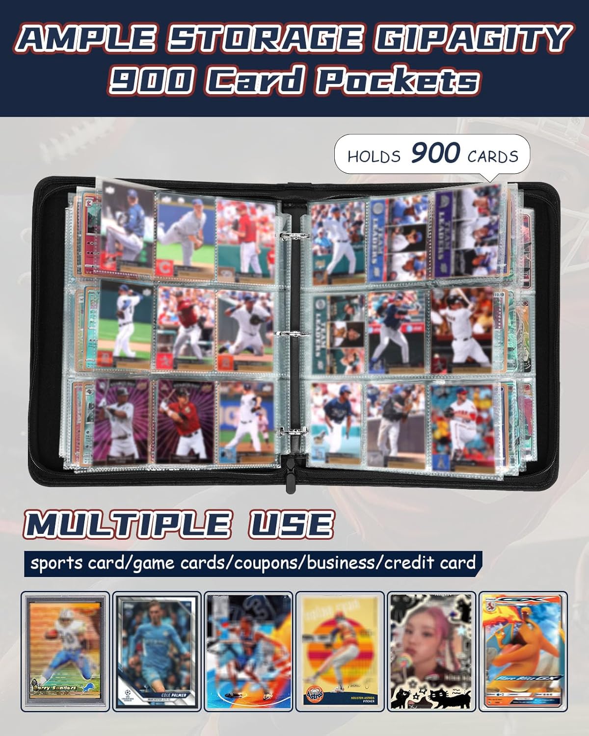 for 9 Pocket Trading Card Binder for 900 Cards - Large Capacity Card Collection Album Folder Double Sided Pocket with Zipper Baseball Design for Men Boys Teens for Sports Cards Game Cards