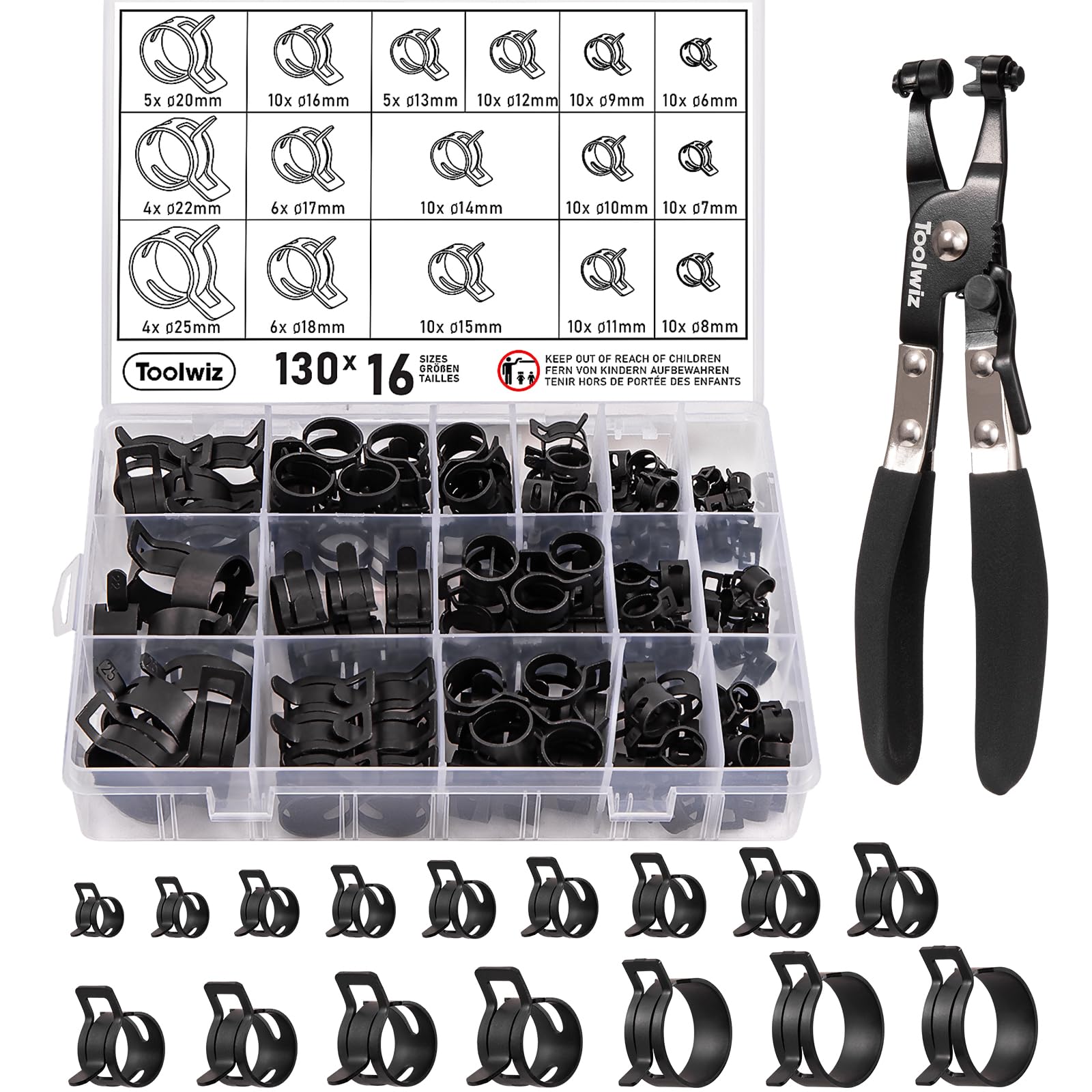 Toolwiz 130 abrazaderas de manguera de resorte de 6 a 25 mm con alicates de abrazadera de manguera giratorios, 16 tamaños de abrazadera de manguera, surtido de abrazaderas de manguera de manguera de
