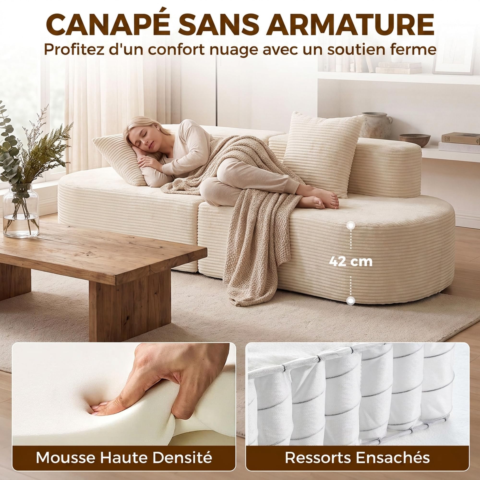 HOMCOM Canapé 3 Places Incurvé Velours Côtelé 245cm Compressé sans Montage