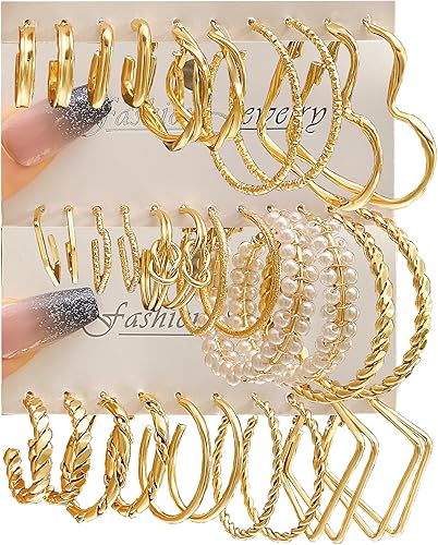 IFKM Juego de 24 pares de aretes de aro dorados para mujeres y niñas, hipoalergénicos, de cadena gruesa, trenzados, abiertos, paquetes de aretes