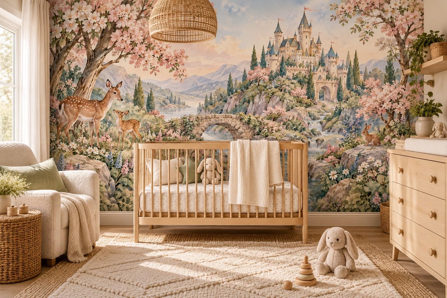 MOOGCO Waldschloss Tapete Wandbild, selbstklebendes Kinderzimmer Wandbild, Aquarell Märchenschloss Babyzimmer Tapete, 60 x 40 in