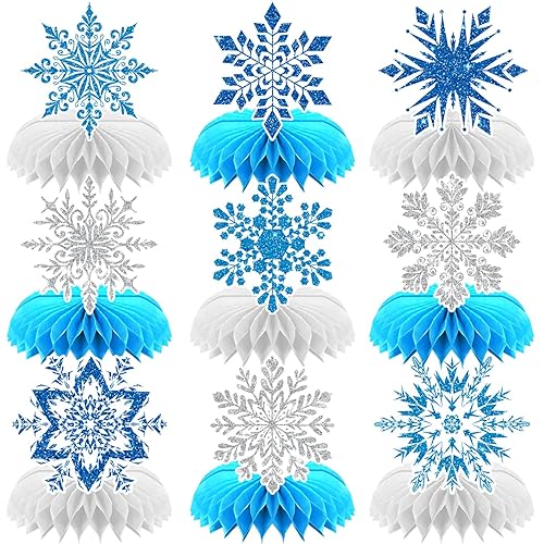Winter Wonderland Decorations, 9Pcs Snowflake Honeycomb Table Centerpieces in Blue