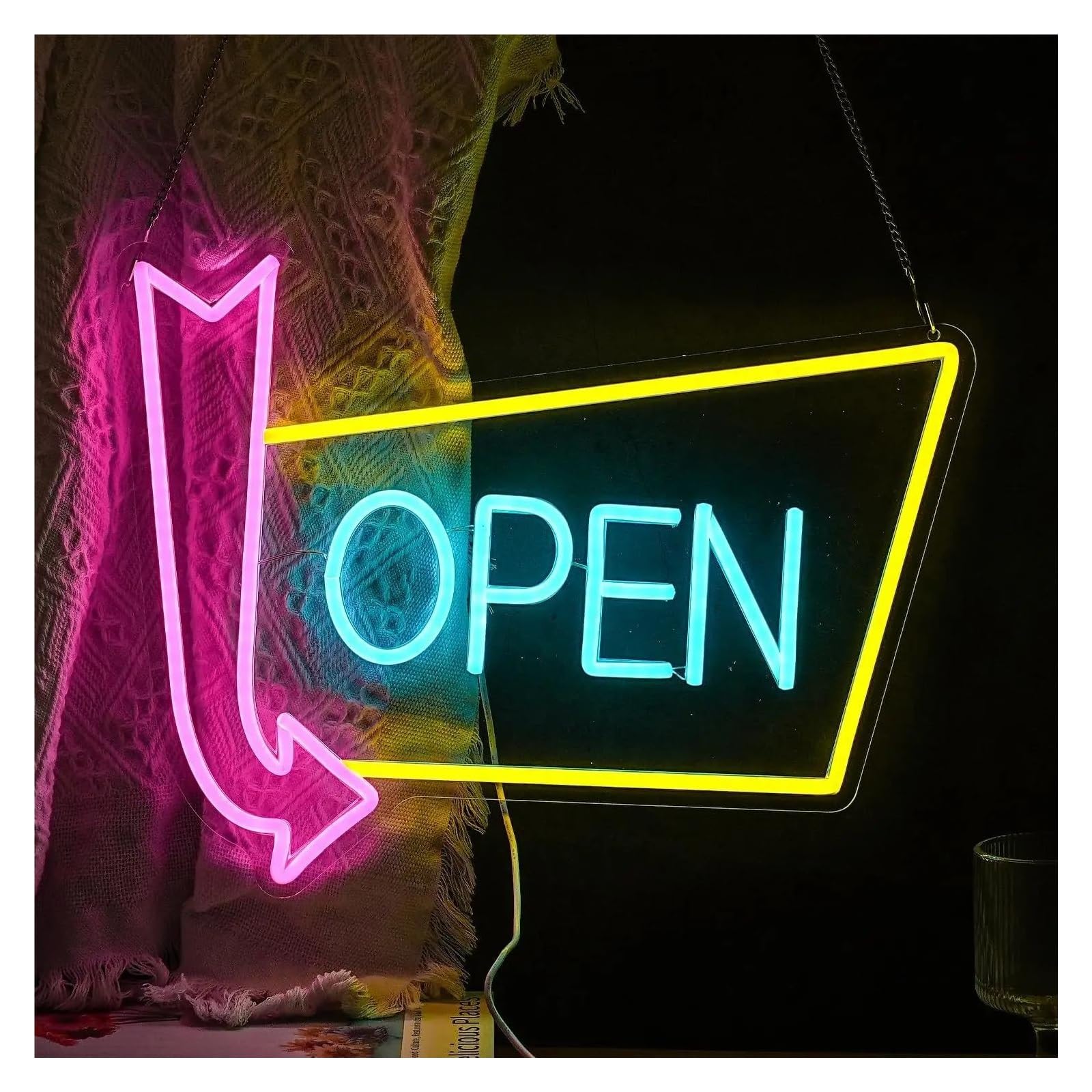 RONGCH Hanging Art Neon Signs Open Neon Sign with Arrow Business Shop Dimmable Wall Decor for Shop Bar Hotel Restaurant Window Display 42x32cm