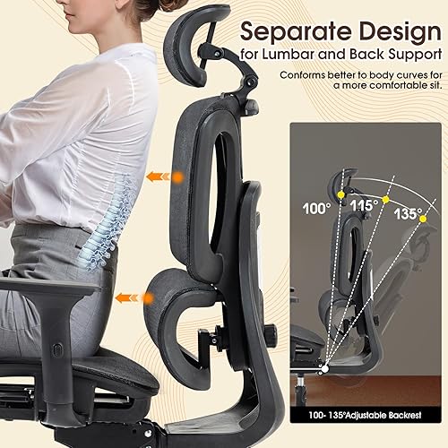 Miniatura 4 de Silla de oficina ergonómica con soporte lumbar ajustable, reposabrazos y reposacabezas 3D, silla reclinable de 135 con reposapiés, silla giratoria