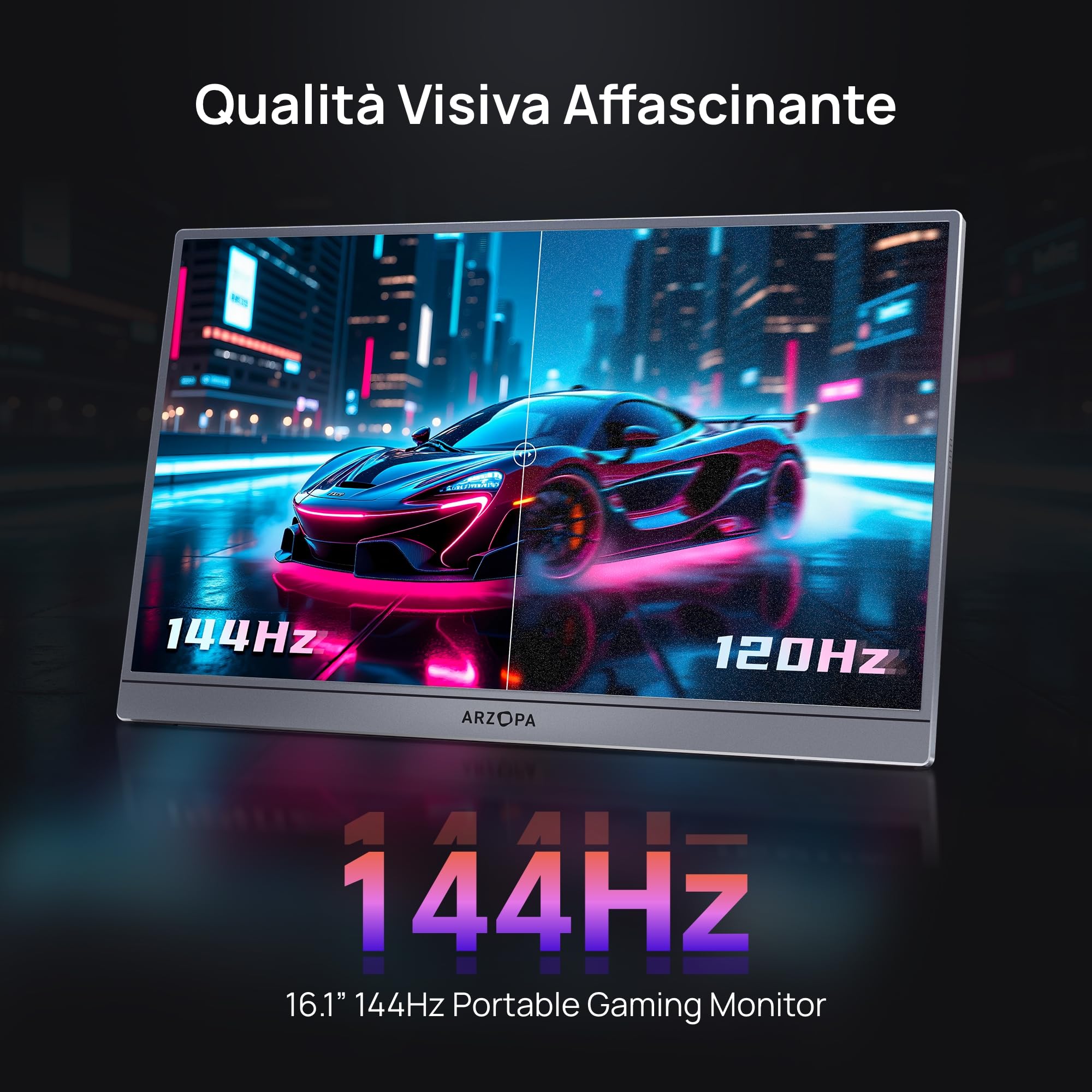 ARZOPA Monitor Gaming Portatile 16.1" 144Hz, 106% sRGB FHD 1080P con Supporto, HDR, Ultra Sottile, Eye Care, Secondo Schermo per PC, Console, Mac - Z1FC Grigio