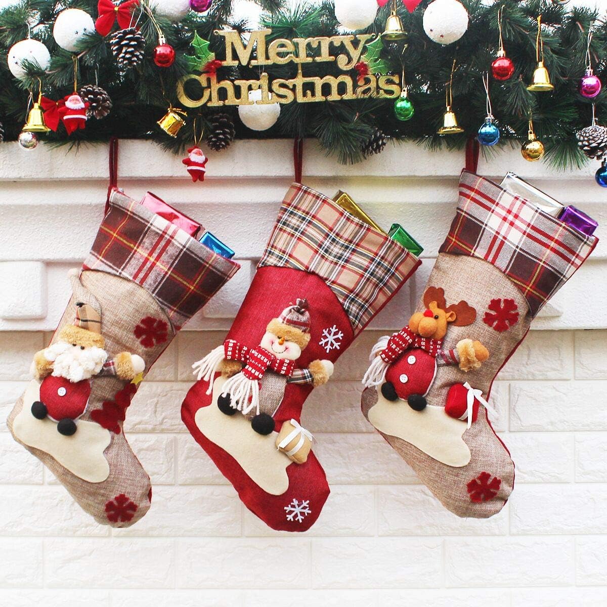 Aiduy 3 Pack 18" Christmas Stockings Decoration with Cute 3D Plush Santa Snowman Reindeer Xmas Stockings Ornament Gifts for Christmas Decorations and Family Holiday Party Decor