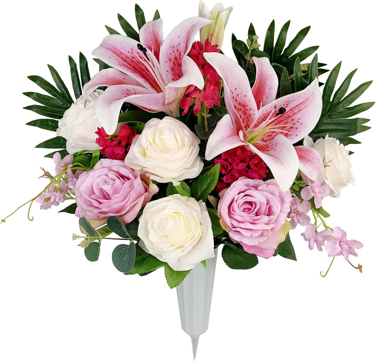 HENOMO Artificial Cemetery Flowers for Grave Vase， Headstone Silk Flower Arrangement, Graveside Decoration- Vibrant Pink Lily and Rose, Tombstone Memorial Bouquet with Vase