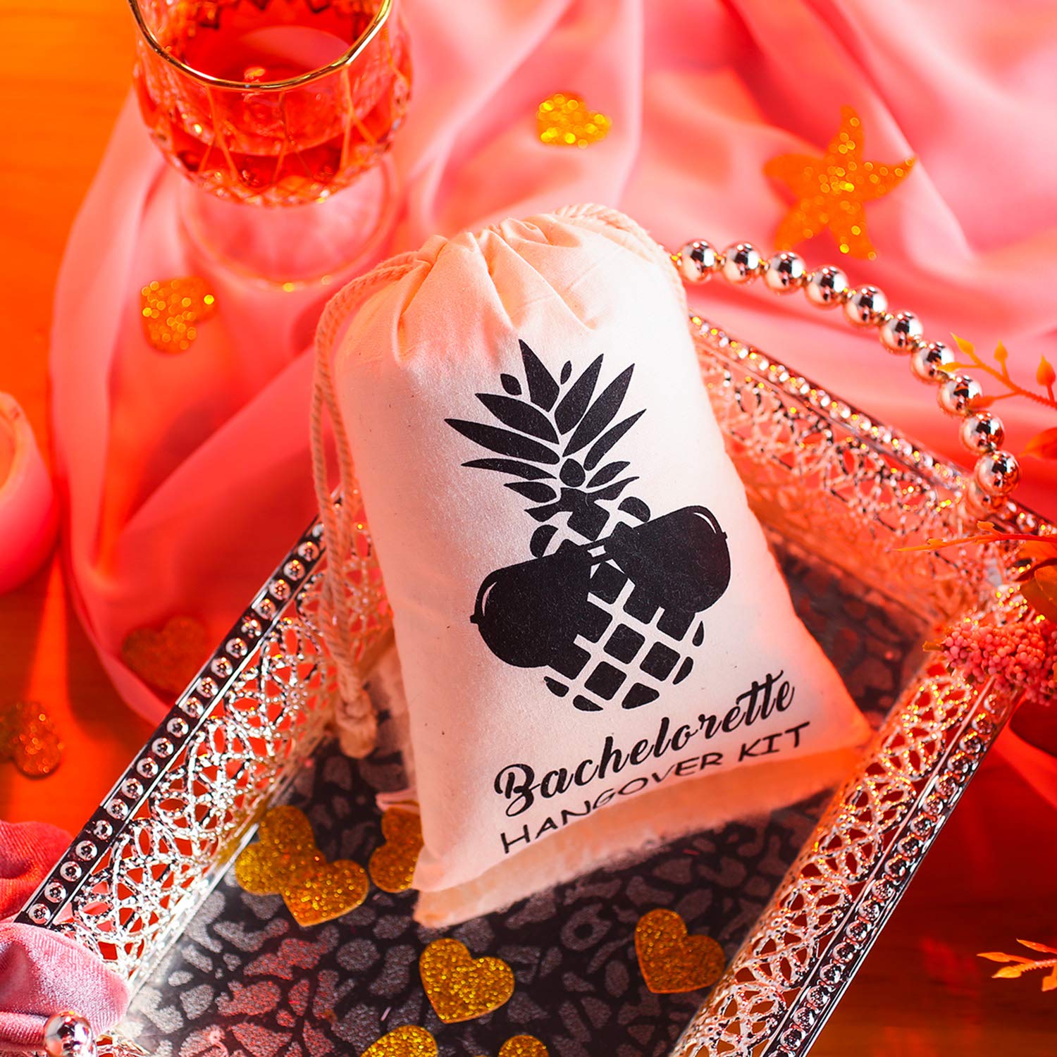 SHERWAY Pineapple Bachelorette Bachelor Party Favor Bags, Wedding Survival Recovery Kit Bags, Drawstring Hangover Kit Bags (Beige, 5 x 7 Inch, 10 Pieces)