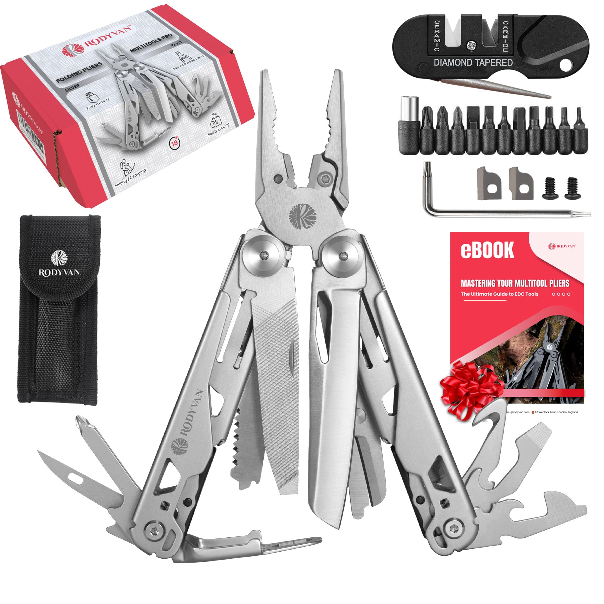 RODYVAN Multitools, 19-in-1 Stainless Steel Multi Tool Pliers with Scissors, Screwdriver Set, Bottle Opener