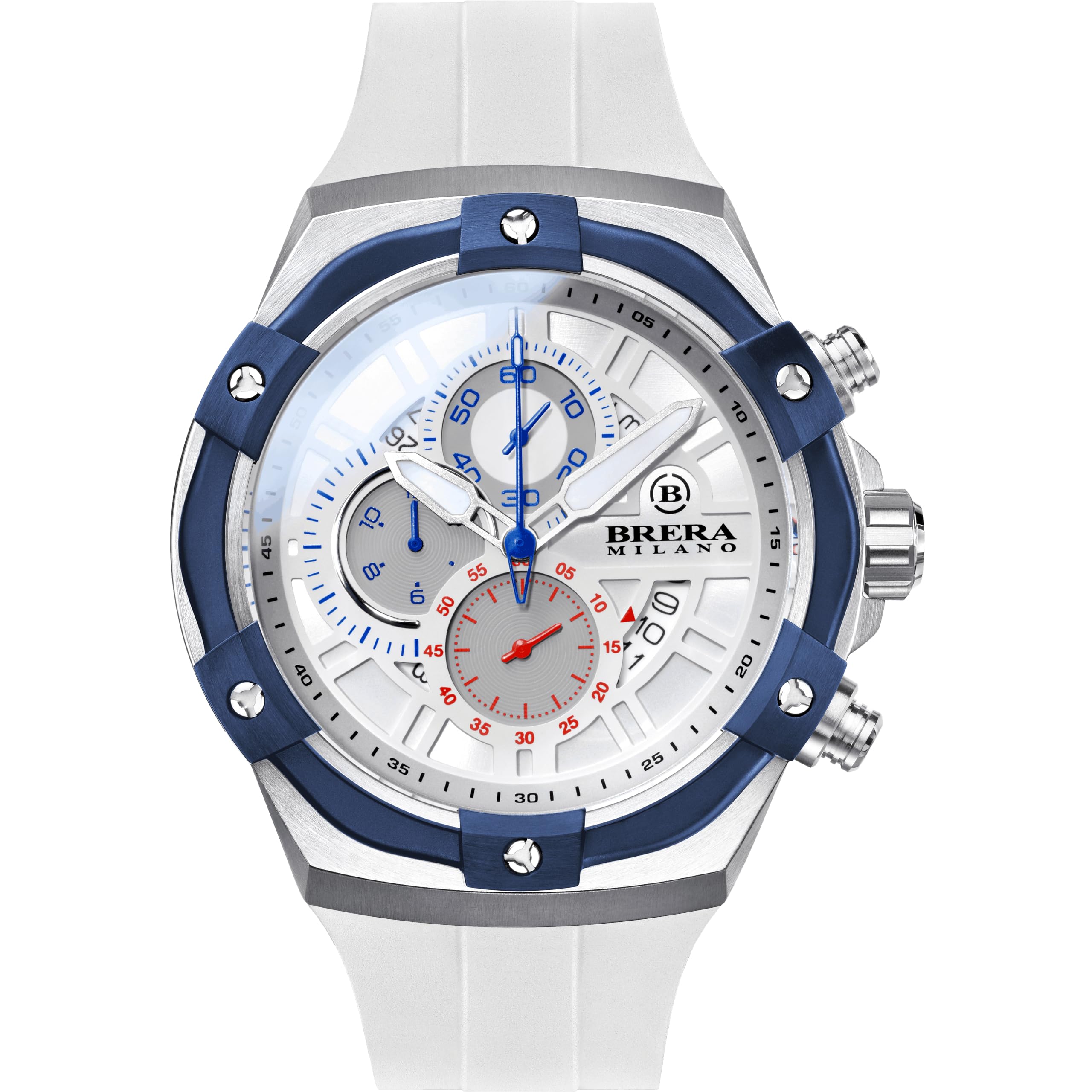 Brera Milano Supersportivo Evo Men's Watch, 45 mm, Quartz Chronograph Stainless Steel, White Dial - Natural Rubber Strap White, Strap